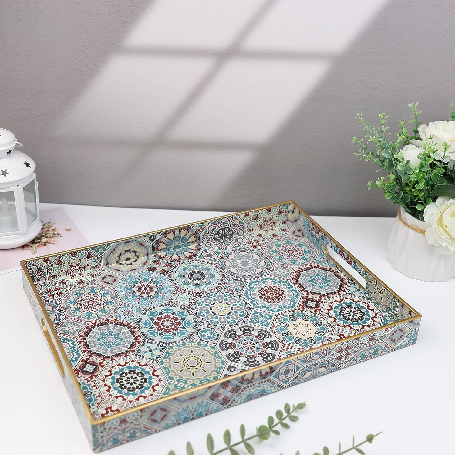 Spsyrine Decorative Serving Tray with Handles, Lacquered Coffee Table Tray for Ottoman, Rectangular Waterproof Platters for Centerpieces, Parties, Living Room, Kitchen Counter Organization SP3040RE2