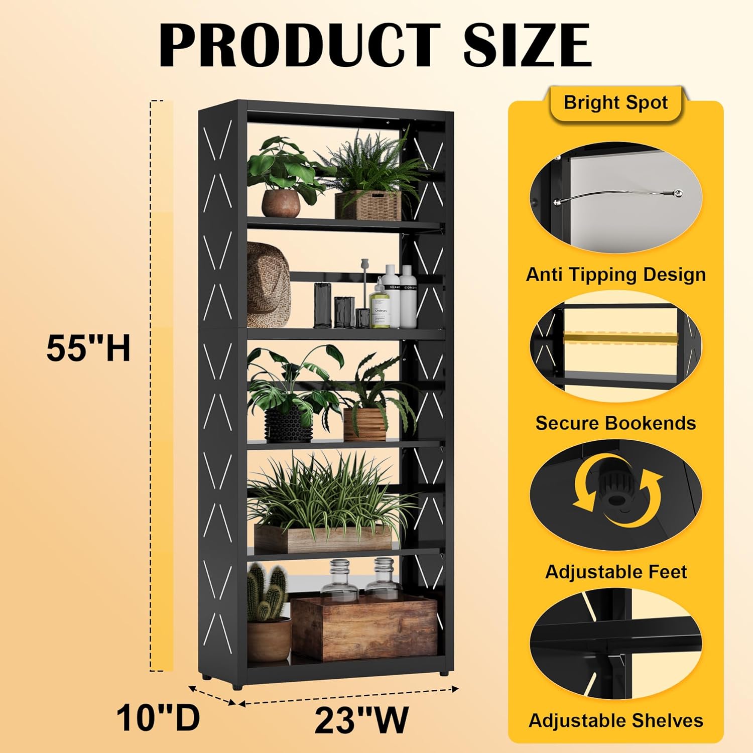 Industrial Bookshelf,5 Tier Bookcase,55" Black Metal Tall Bookshelf with Adjustable Feet and Adjustable Shelves,Home Office Bookcase Shelf Storage Organizer for Living Room、Kitchen