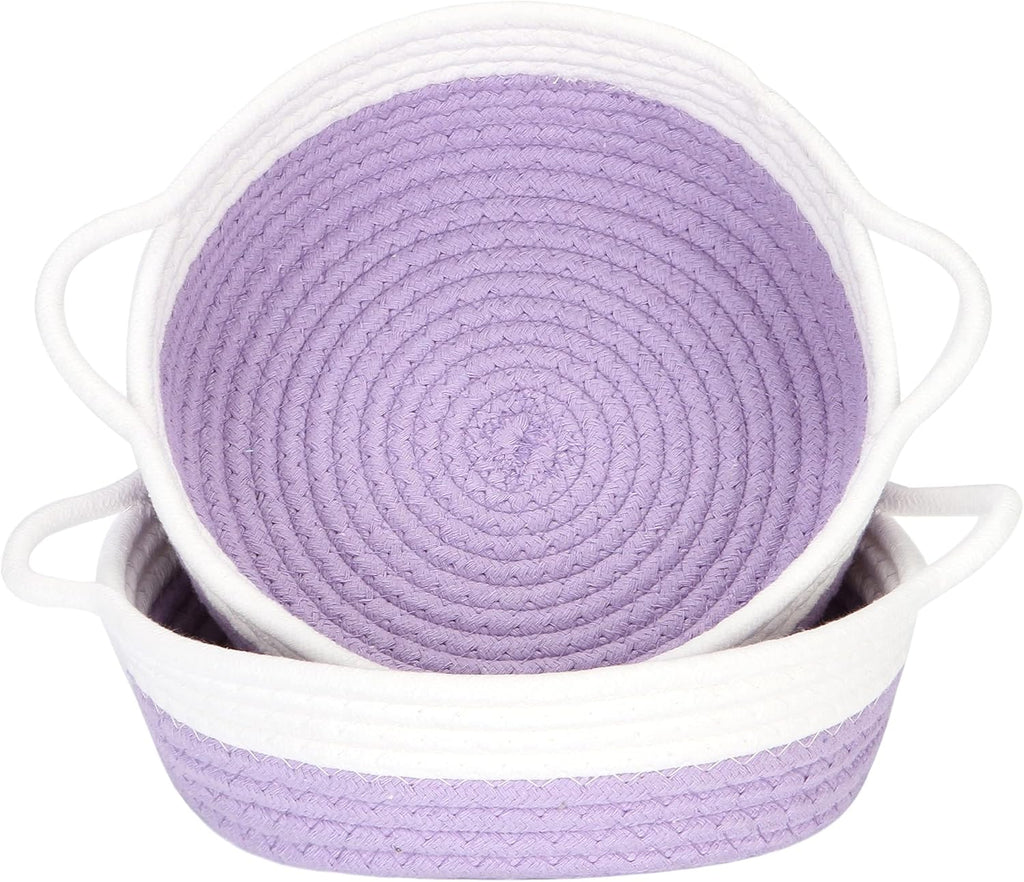 Sea Team 2-Pack Cotton Rope Baskets, 10 x 3 Inches Small Woven Storage Basket, Fabric Tray, Bowl, Round Open Dish for Fruits, Jewelry, Keys, Sewing Kits (Lavender & White)