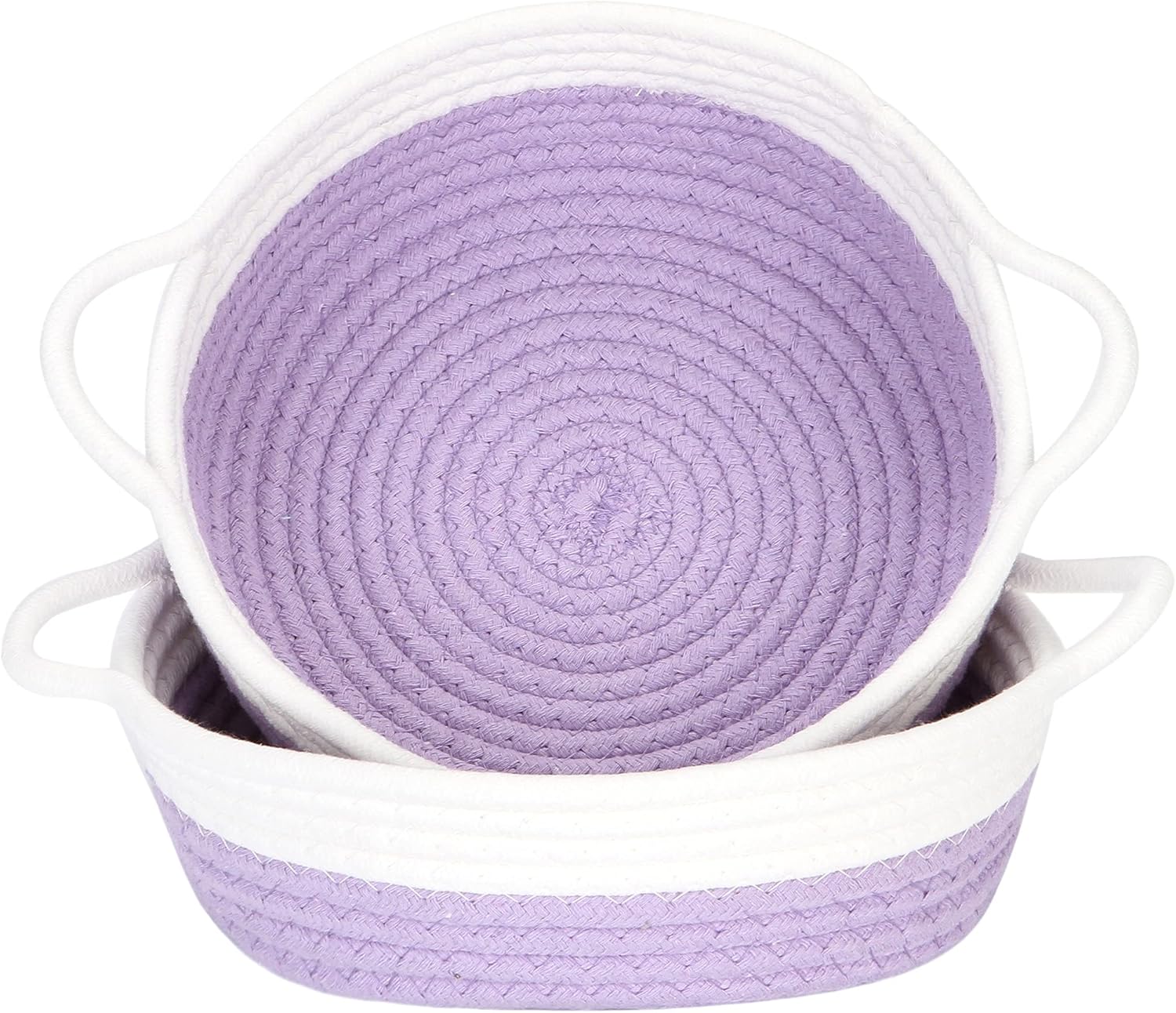 Sea Team 2-Pack Cotton Rope Baskets, 10 x 3 Inches Small Woven Storage Basket, Fabric Tray, Bowl, Round Open Dish for Fruits, Jewelry, Keys, Sewing Kits (Lavender & White)