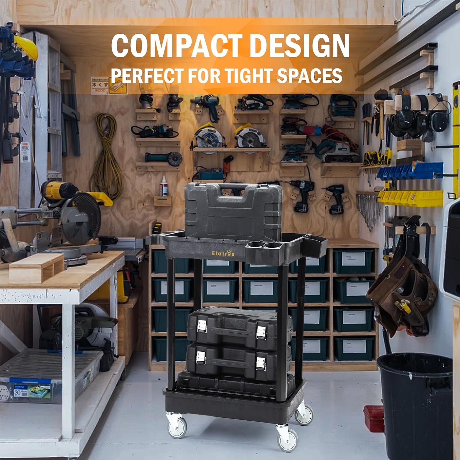 ELAFROS Heavy Duty 2-Shelf Utility Cart, 28x19 Inch, 330 lbs Capacity, Industrial Plastic, Locking Swivel Wheels - Multipurpose Service Rolling Cart for Home, Office, Industrial Use