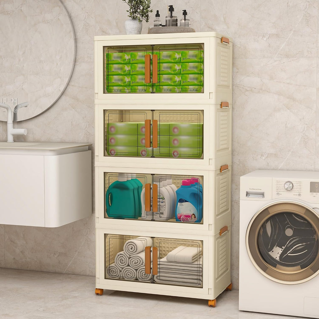 Plastic Stackable Storage Bins with Lids and Wheels, Foldable Closet Organizers and Storage Containers, Collapsible Clear Drawer Storage Cabinet with Doors Ivory White 358.4 QT