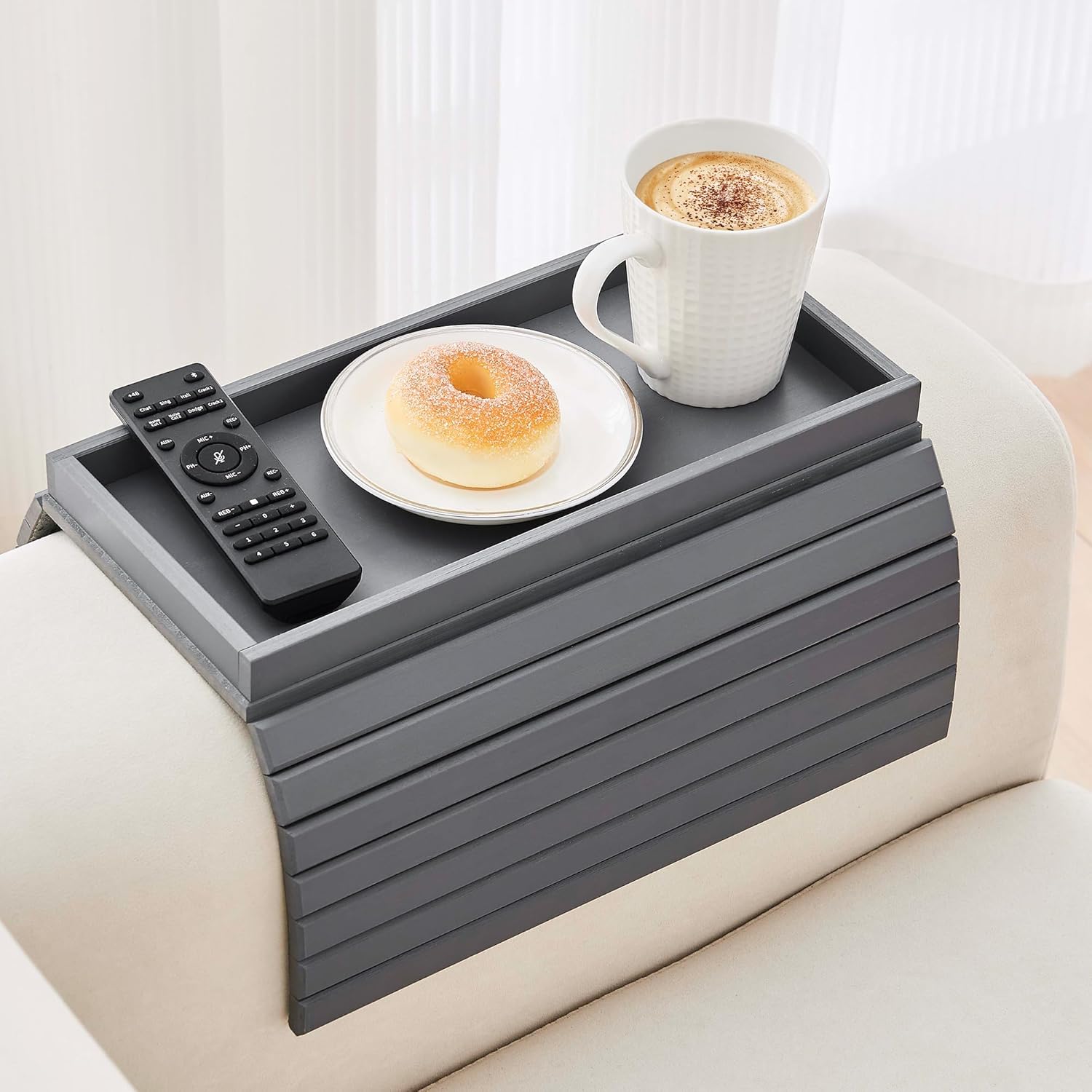 GEHE Bamboo Sofa Arm Tray, Foldable Couch Arm Tray Side Table, Anti-Falling Armrest Tables Cup Holder for Snacks, Drinks, Beers, Phone, Control, Flexible and Portable, Anti-Slip