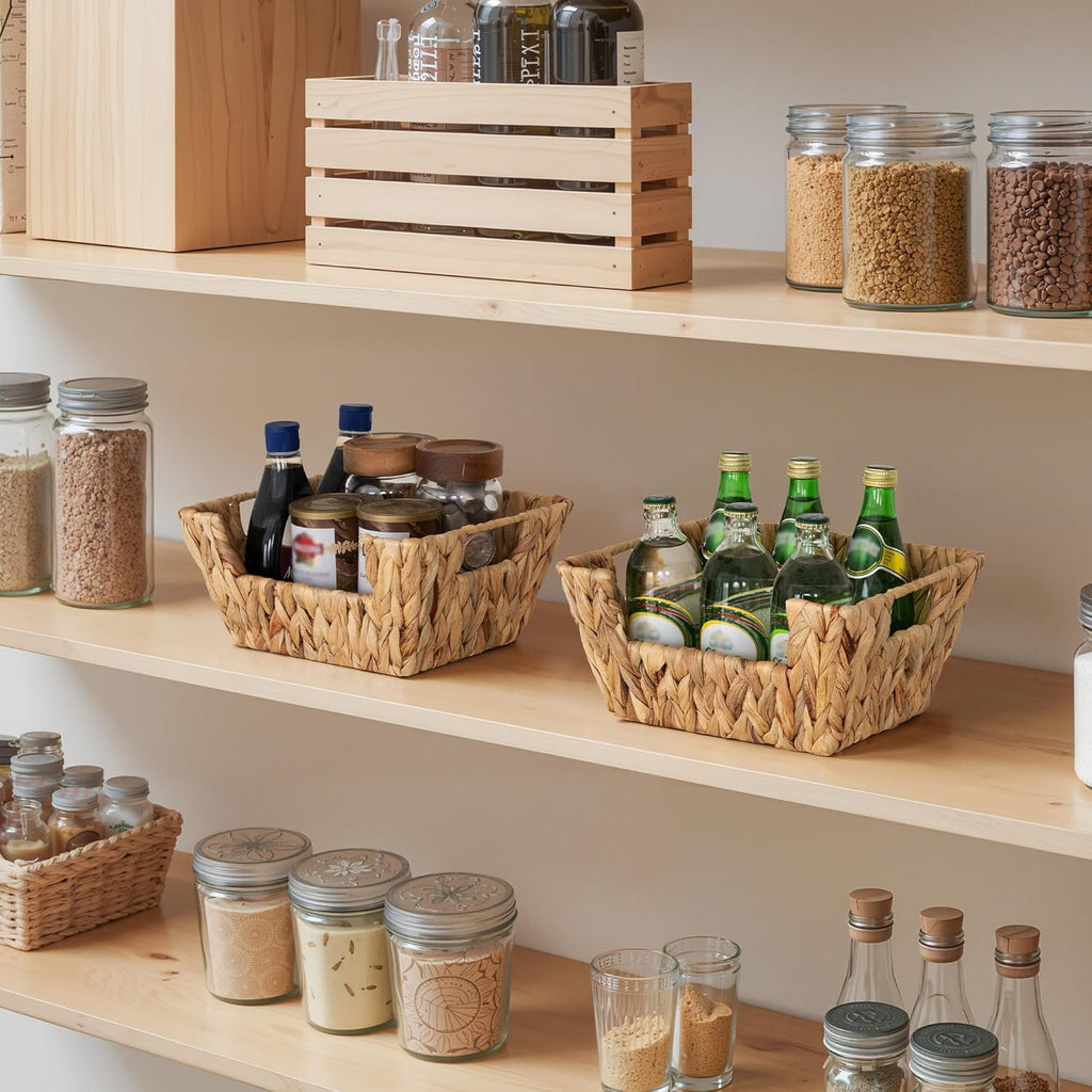 StorageWorks Small Pantry Baskets for Patato and Onion Storage, Wicker Baskets for Organizing with Built-in Handles, Water Hyacinth Pantry Organizers and Storage for Shelves, 2 Pack