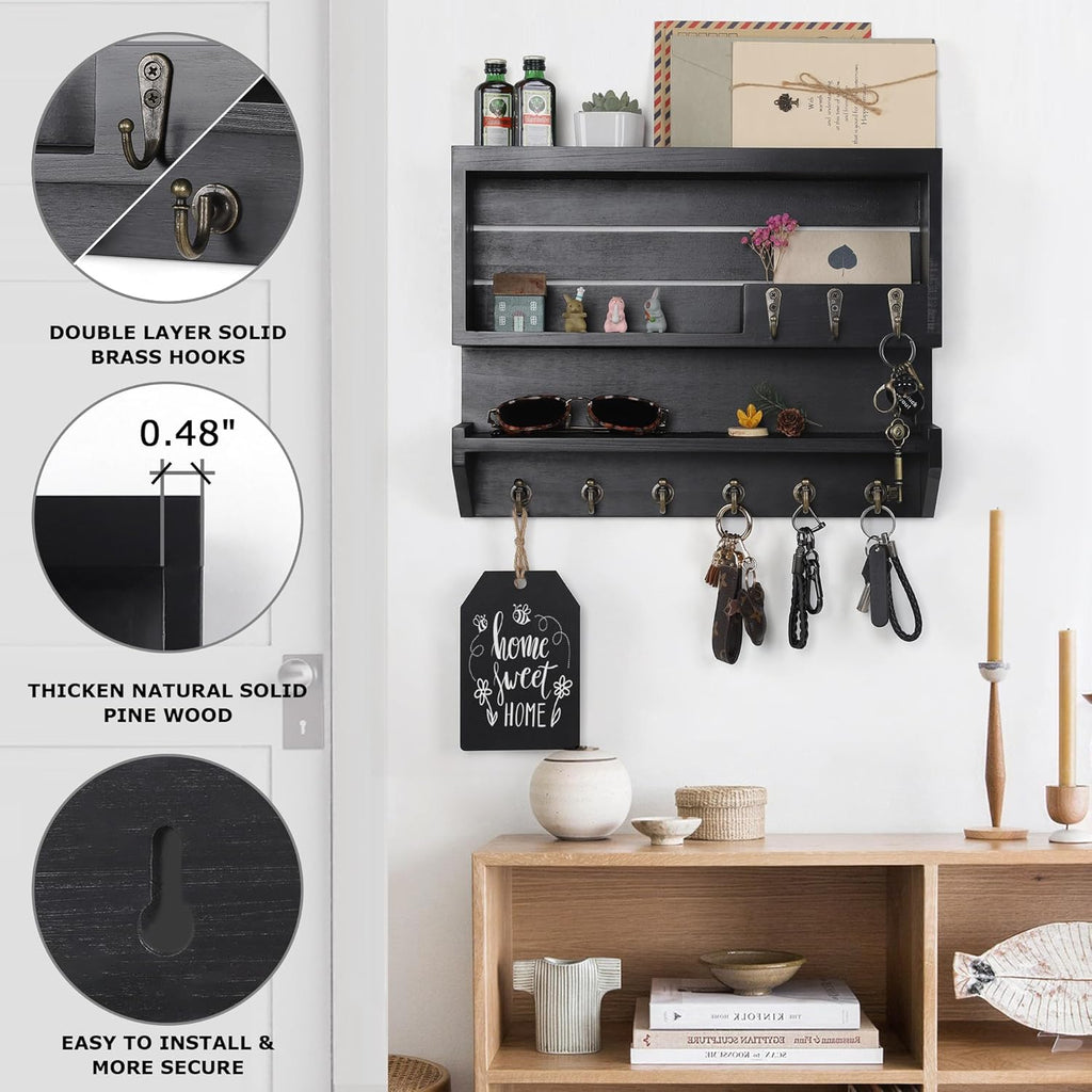 Innovation Key and Mail Holder for Wall, Key Holder Wall Mount, Mail Organizer with 9 Hooks, Black