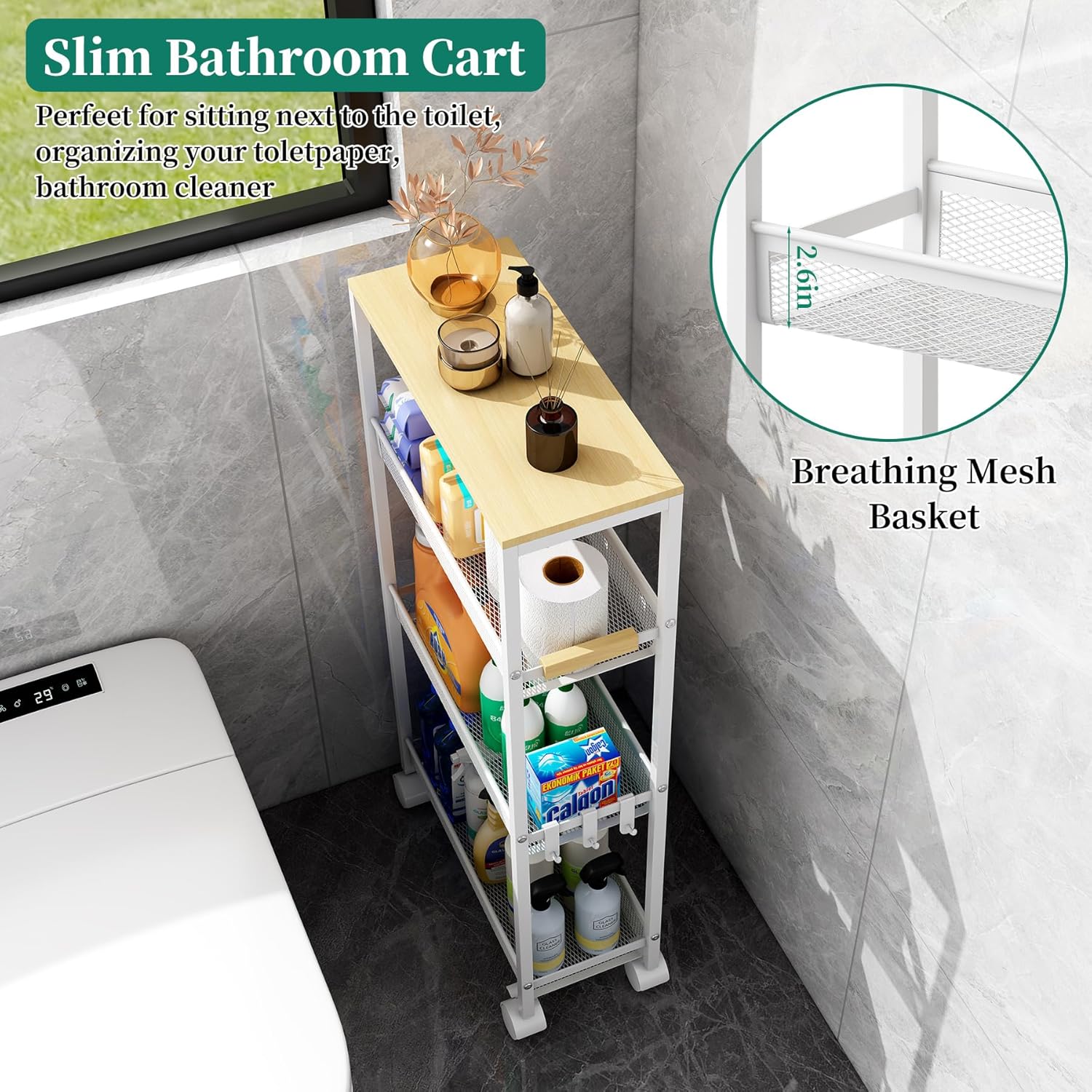 TIPGO Utility Slim Storage Cart, 4 Tier Rolling Cart with Wheels, Narrow Storage Cabinet for Bathroom, Laundry Shelves for Room Organization, Small Organizer for Kitchen, Office and Dorm (White)