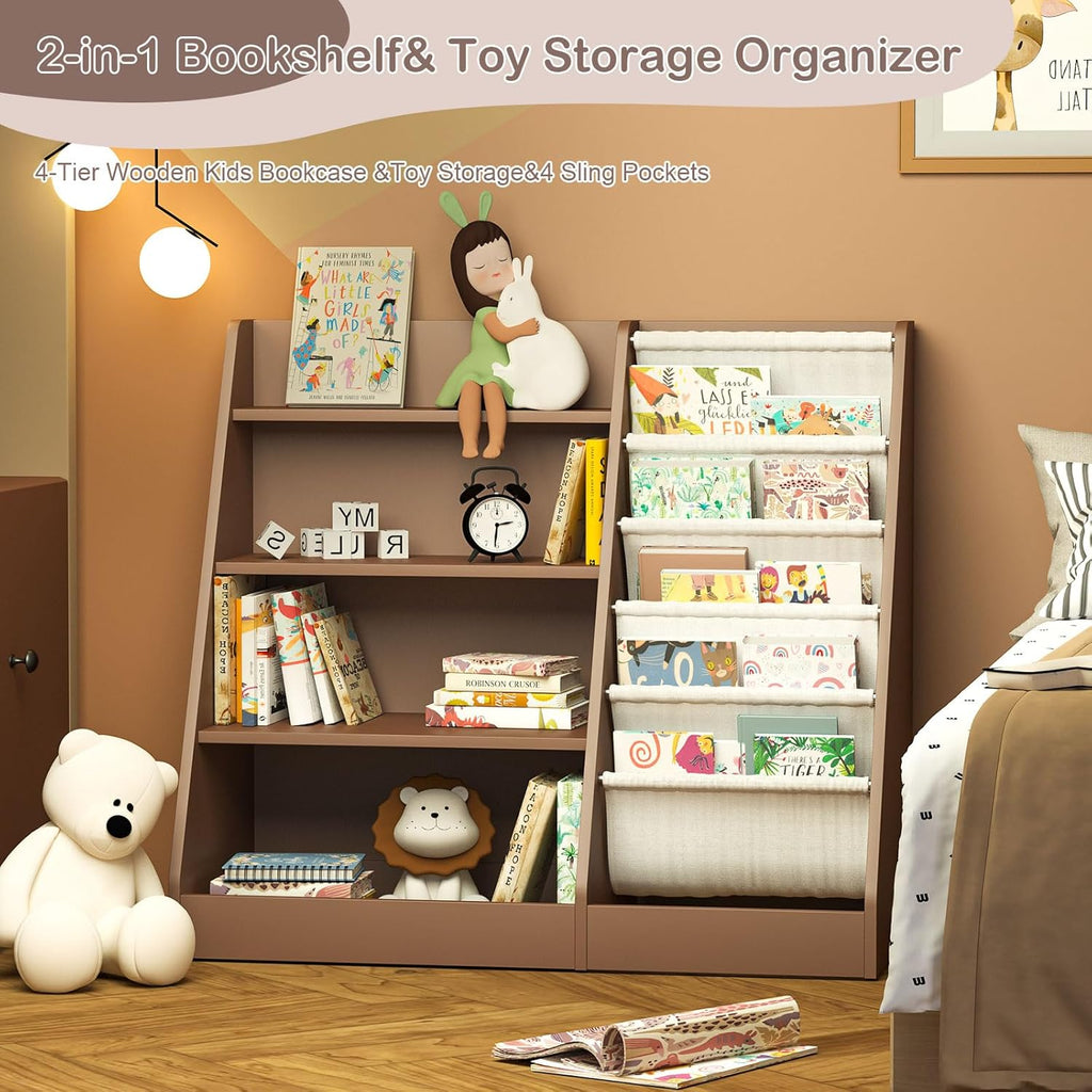 Kids Bookshelf Toy Storage Organizer 4-Tier Wood Book Rack Toddler Bookcase Baby Book Toy Display Shelf 5 Sling Bookshelf for Playroom Bedroom Nursery Classroom Church Espresso