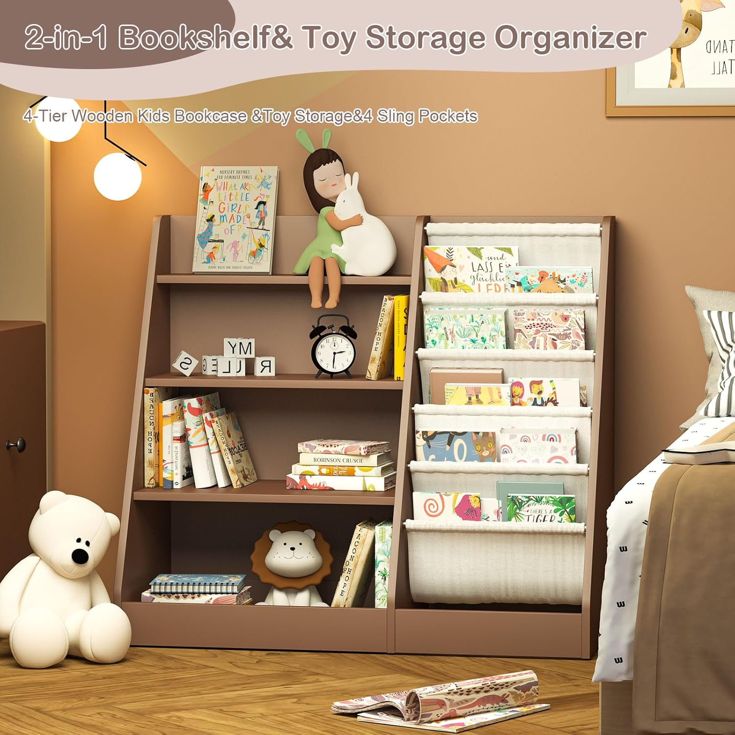 Kids Bookshelf Toy Storage Organizer 4-Tier Wood Book Rack Toddler Bookcase Baby Book Toy Display Shelf 5 Sling Bookshelf for Playroom Bedroom Nursery Classroom Church Espresso