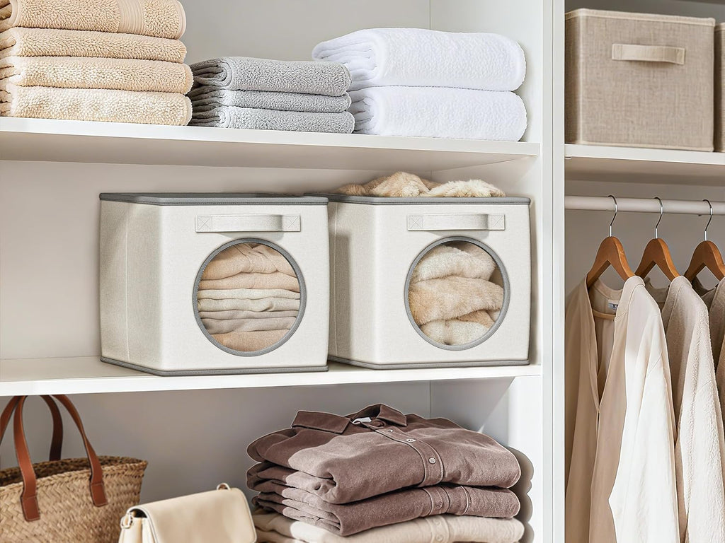 Vailando Foldable Fabric Storage Cube with Round Window - 4 Pack 11"x11"x11" Collapsible Closet Organizer Bins for Clothes, Shelves, Offices, Toys & Misc, White & Ivory