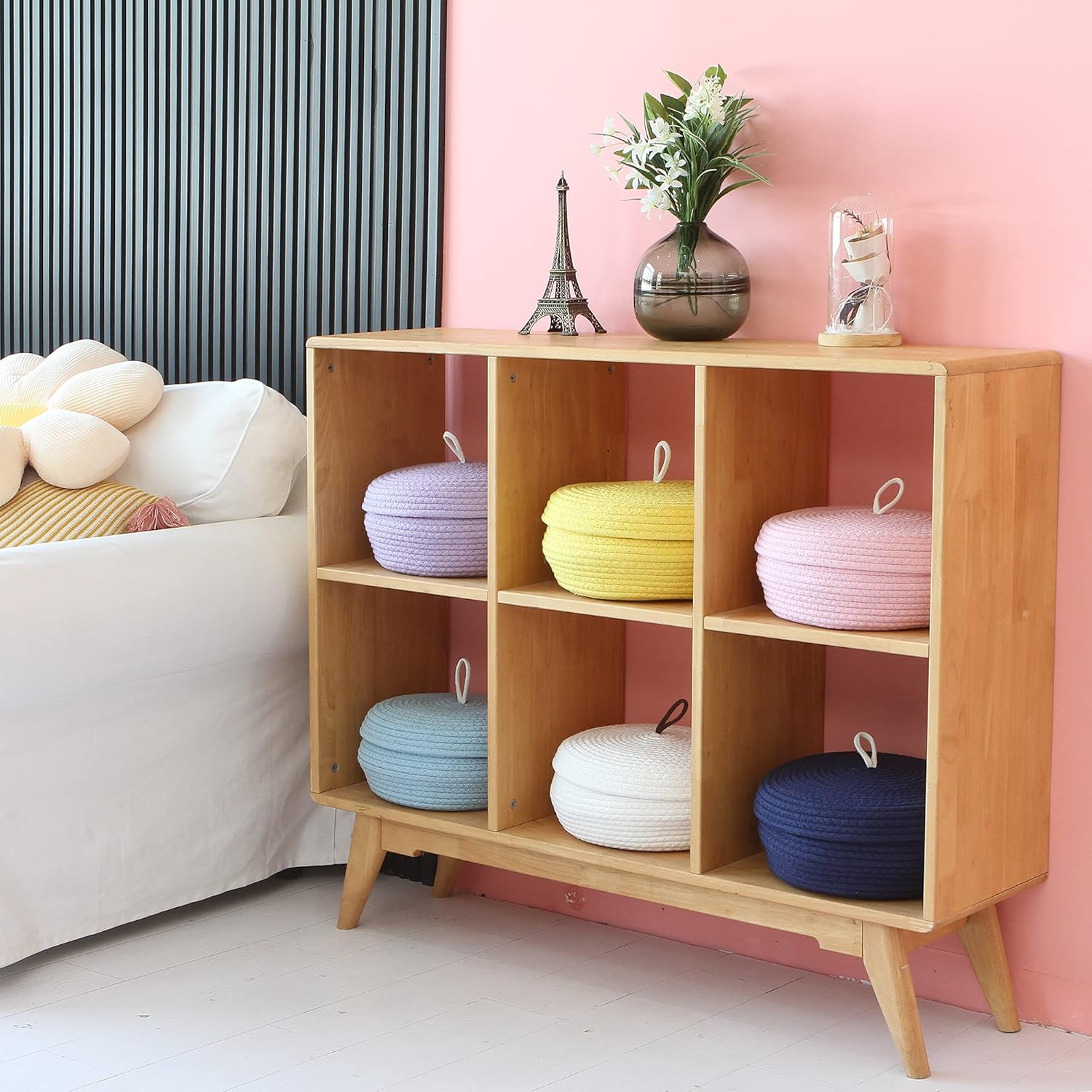 Sea Team Round Cotton Rope Storage Basket with Lid, Decorative Woven Storage Bin, Pot, Caddy, Organizer, Container for Snacks, Towels, Plants, 13 x 5.5 Inches (Large, Shallow, Yellow)