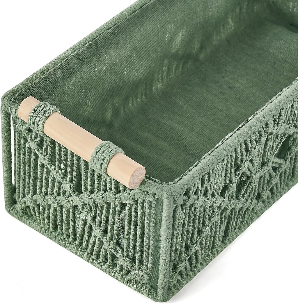 Mkono Macrame Storage Baskets Boho Decor Box Handmade Woven Decorative Countertop Toilet Tank Shelf Cabinet Organizer for Bedroom Livingroom Home, Set of 2, Green