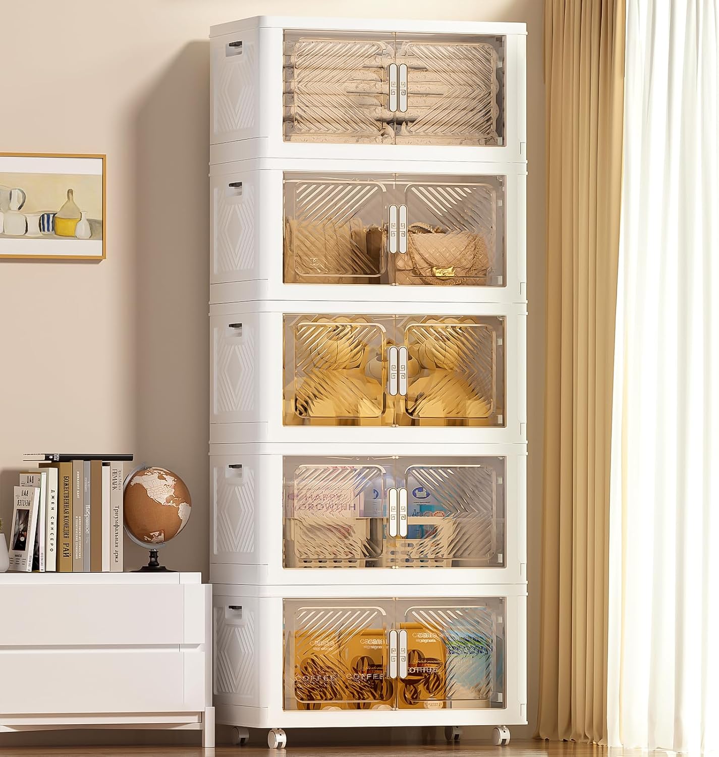 Storage Bins with Lid 76QT, Stackable Storage Containers with Wheels and Magnetic Doors, Plastic Clothes Closet Organizers and Storage Box for Home and Office (5 Pack)