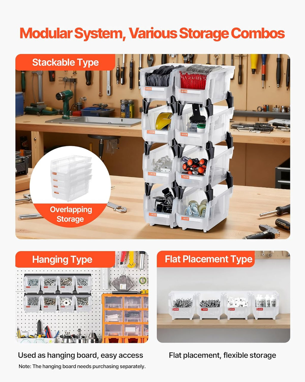 VEVOR Plastic Stackable Storage Bins, 10.9 x 5.5 x 5.1 inch (8 Pack), Plastic Containers for Organizing & Storage Bins for Closet, Garage, Small Parts, Office Supplies, Other Accessories, Transparent