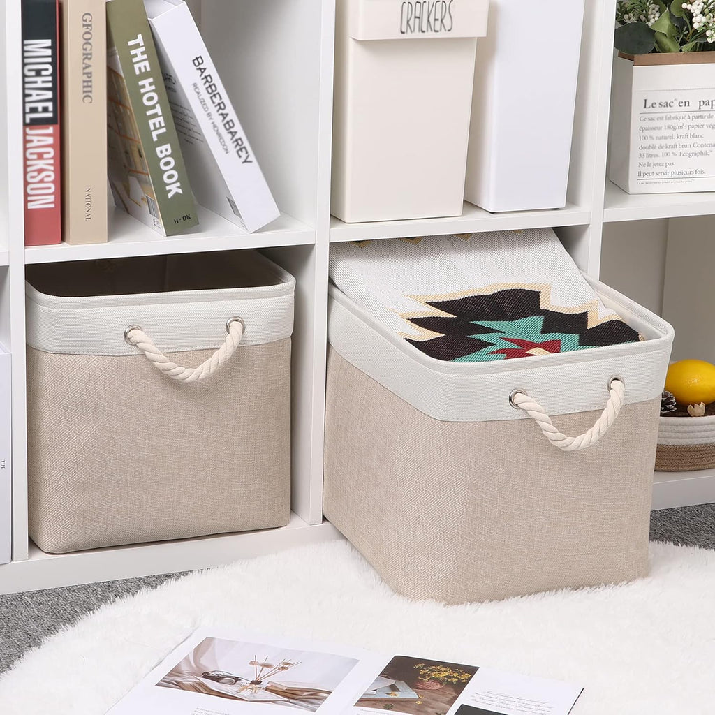 Bidtakay Beige Storage Basket Large Fabric Cloth Baskets [2-Pack] Tall Rectangular Shelf Baskets 16X11.8X11.8 in Canvas Collapsible Storage Bins with Handles for Organizing Living Room(White&Beige)