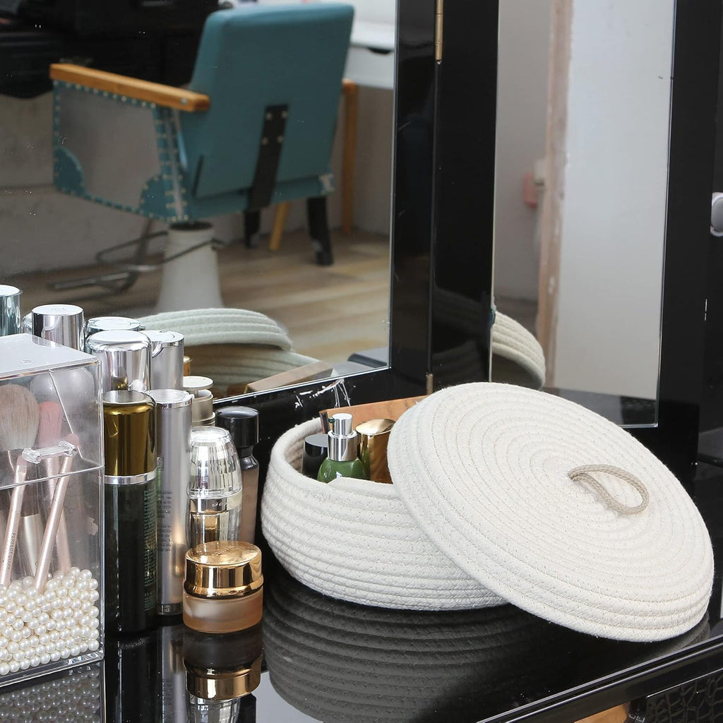 Sea Team Round Cotton Rope Storage Basket with Lid, Decorative Woven Storage Bin, Pot, Caddy, Organizer, Container for Snacks, Towels, Plants, 10 x 4.5 Inches (Small, Shallow, White)