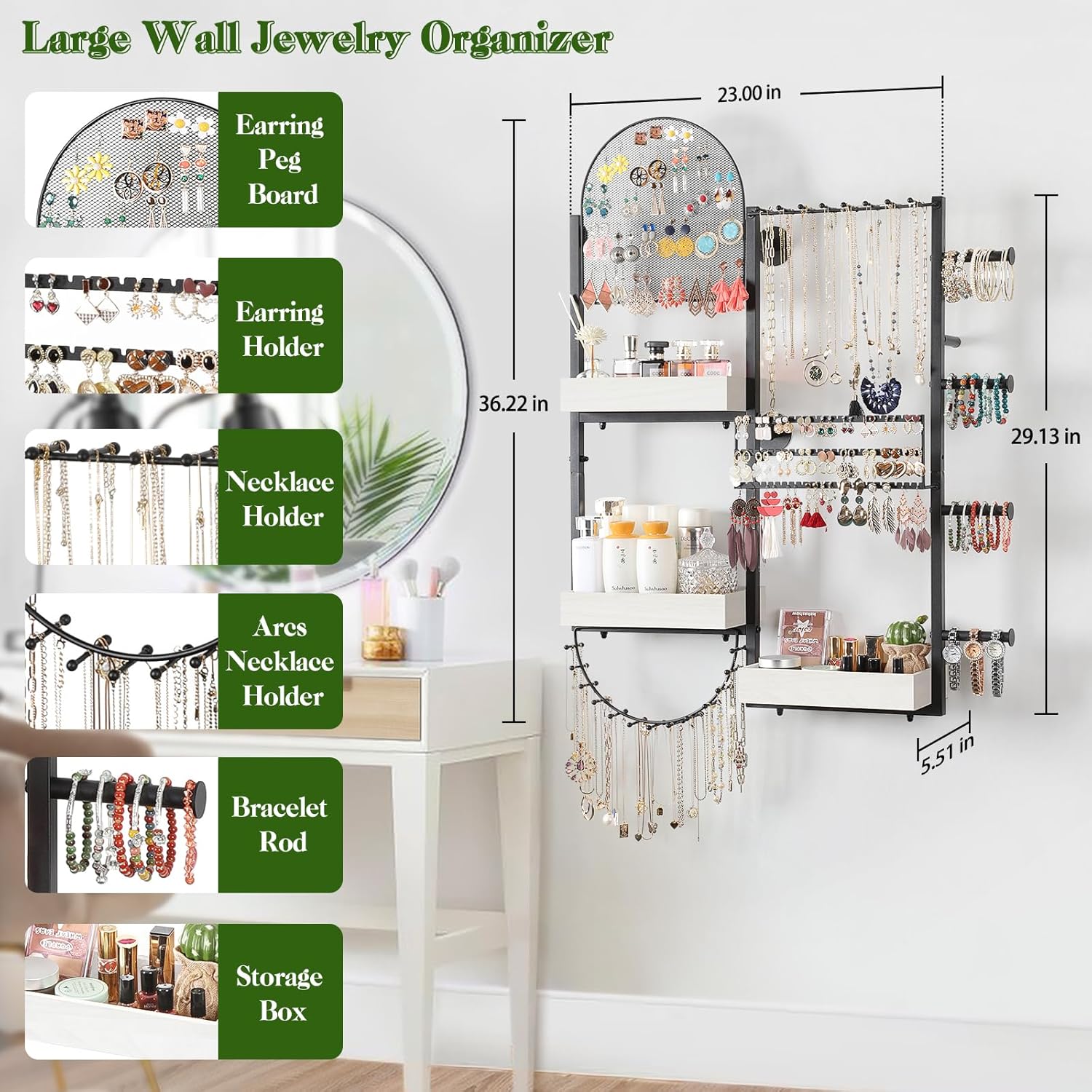 Keebofly Wall Mount Hanging Jewelry Organizer - Large Display Holder for Earrings, Rings, Necklaces, Bracelets, Watches and Perfume - White