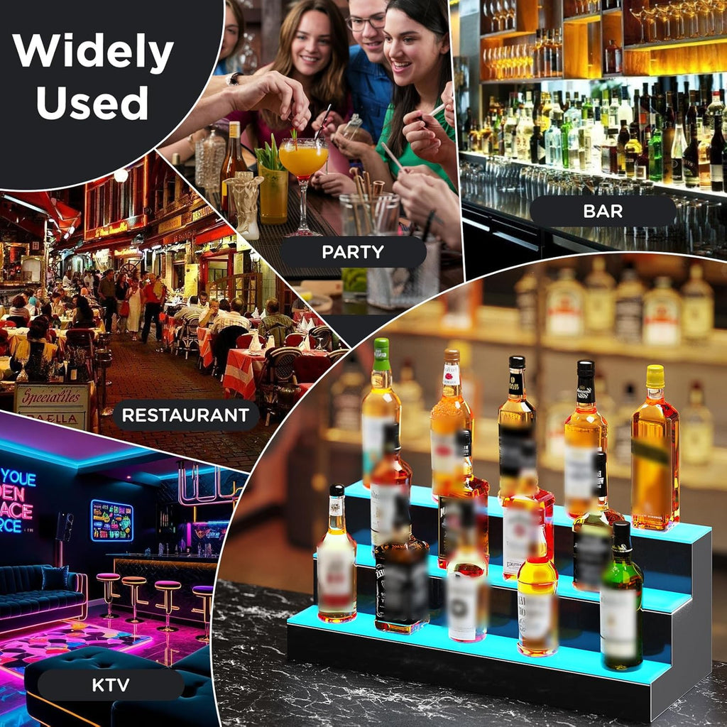 Dethan 3 Tier 48 Inch Liquor Bottle Display Shelf - Wine Racks with Multi-Color App & Remote Control, Adjustable Brightness & Sound Modes, Acrylic Bar Shelves for Commercial Clubs