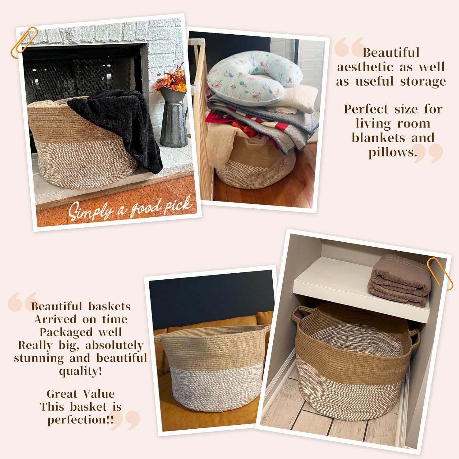 INDRESSME Extra Large Woven Baskets for Storage, 21.7'' x 13.8'' Wicker Basket with Handle for Blankets, Big Laundry Baskets for Clothes, Pillows, Towel, Shoe Basket for Entryway, 90L White Jute