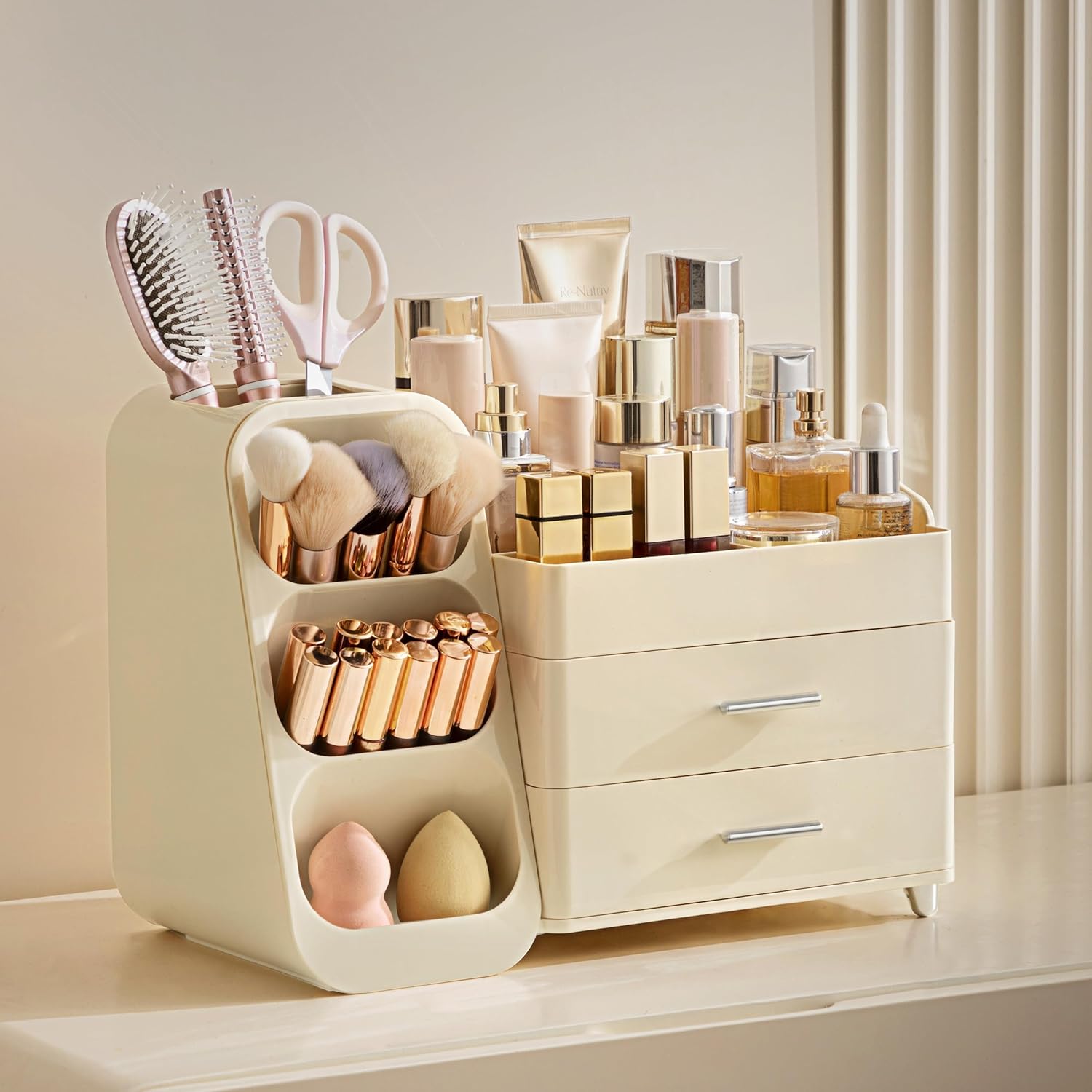 HBlife Makeup Organizer with Brush Holder for Vanity, Large Plastic Bathroom Countertop Organizer Skin Care Storage, Easy to Store Lipsticks, Nail Polishes, Perfumes, Eyeshadow Palettes, All Beige