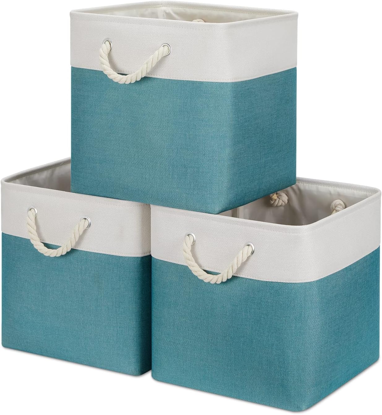 Bidtakay Fabric Baskets for Closets Shelves Lined Set of 3 Large Square Collapsible Storage Bins for Organizing 13 X 13 Cube Storage Bins for Pantry Organization Storage(Teal Blue)