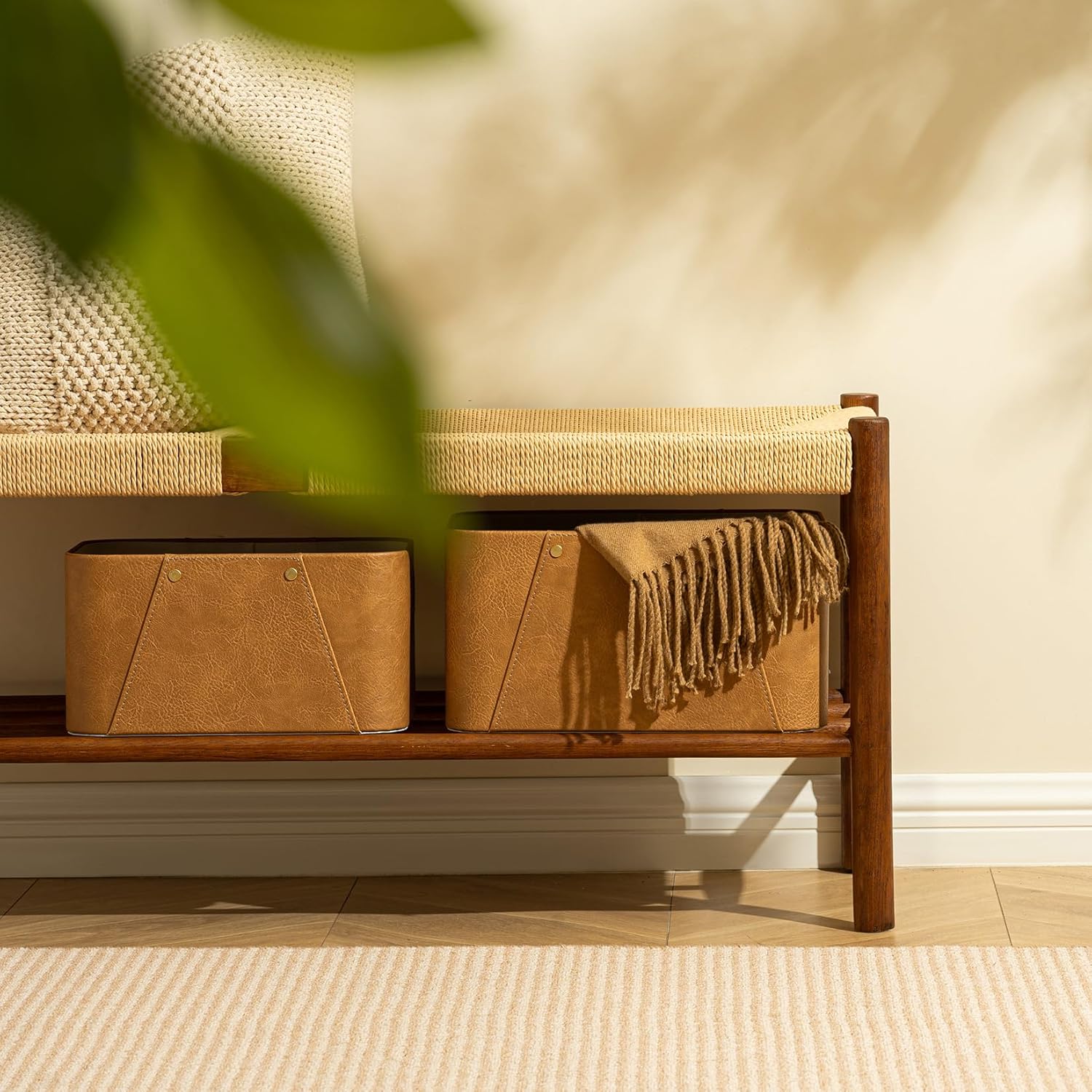 LA JOLIE MUSE Storage Baskets for Organizing, 2 Pack, Storage Cube Boxes Luxury Brown Vegan Leather for Closet Shelf Cabinet Bookcase Camel