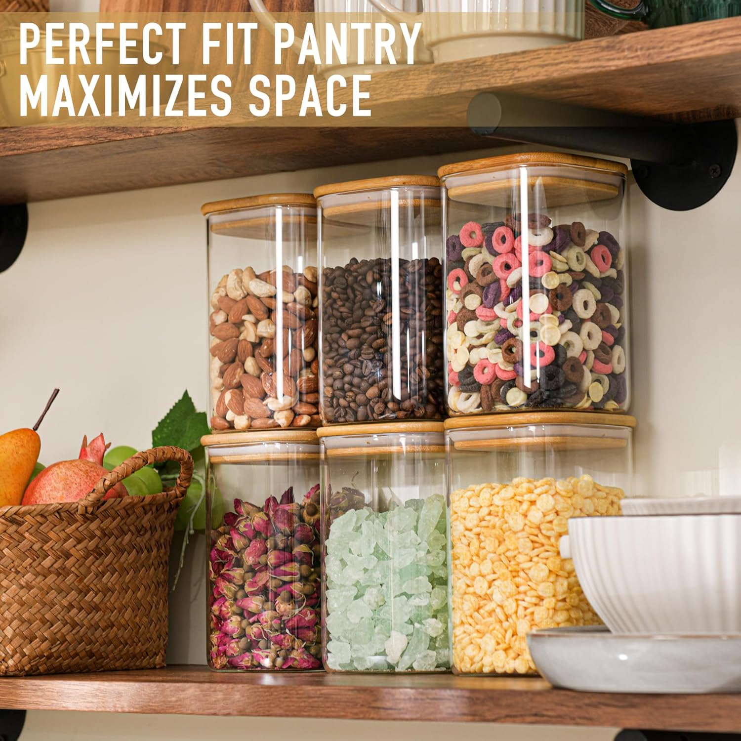 37oz Airtight Glass Square Storage Canisters with Bamboo Lid Set of 6 (1100ml) Stackable Containers, Kitchen Jars for Pantry Noodles, Flour and Coffee beans (‎with Black Lable)