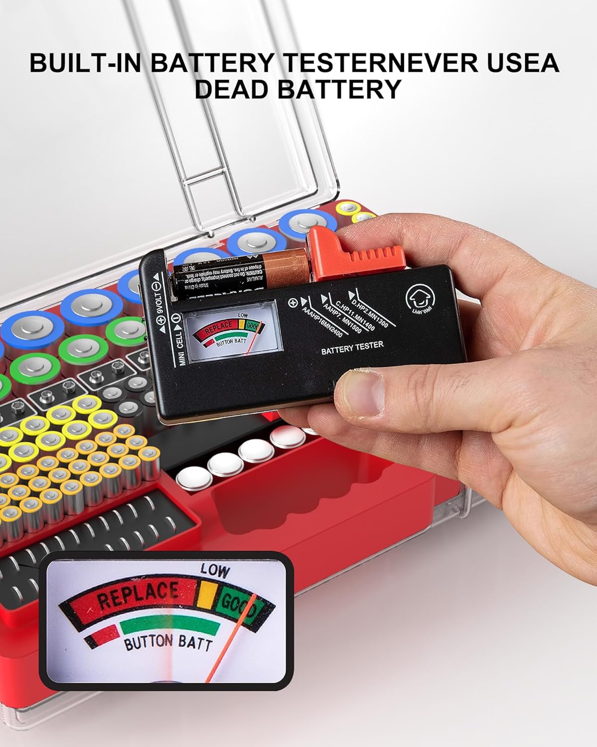 Battery Organizer Storage Holder Box Case with Tester, Ultra-Large 280+ Batteries Double-Sided Variety Pack,Holds AA AAA 4A C D Cell 9V 3V Lithium18650 LR44 CR2 CR123 CR1632 - Red