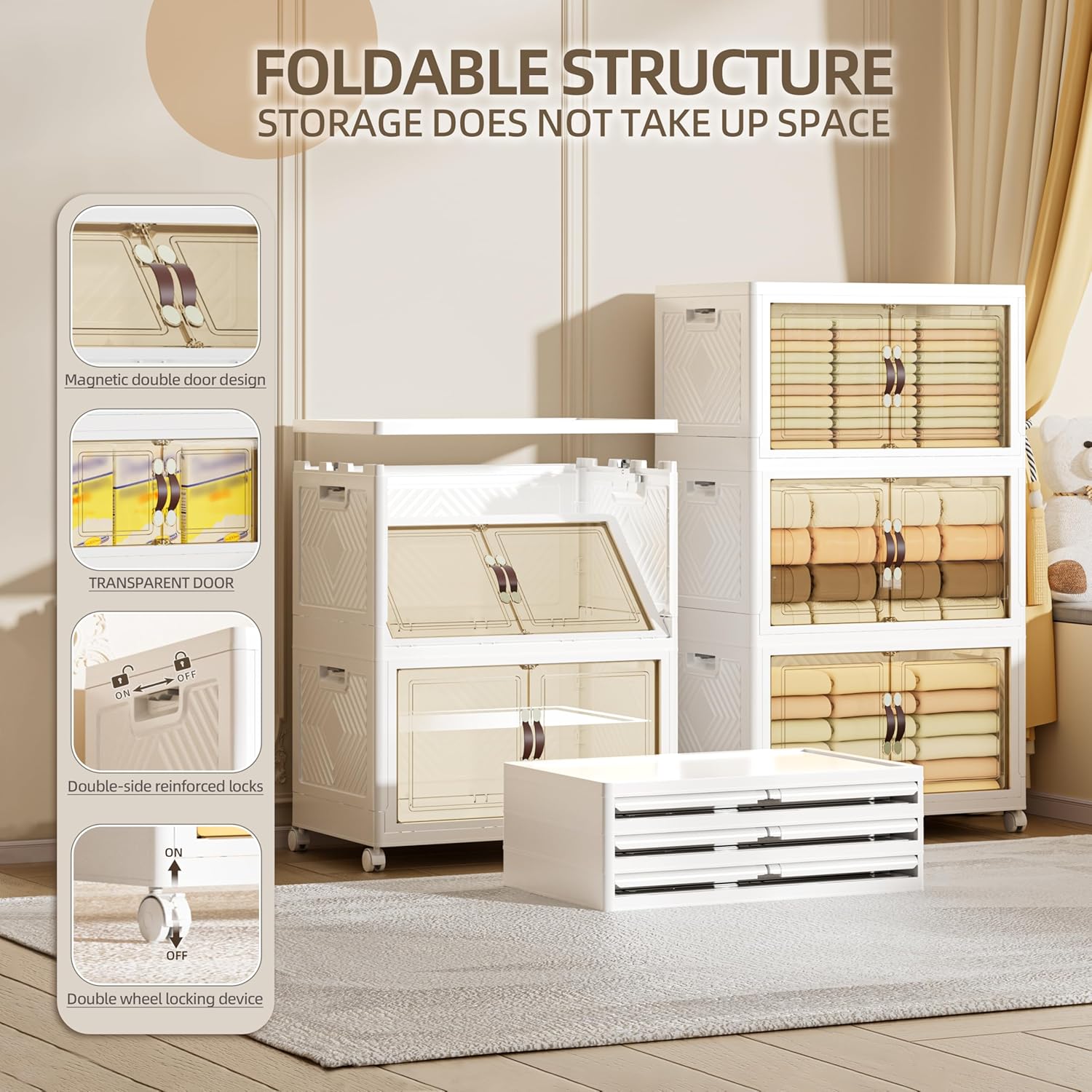 252 QT / 63 Gal Heavy Duty Double Door Storage Cabinet - Magnetic Closure, Foldable Stackable Design with Wheels & Leather Handles, Plastic Organizer for Garage/Bedroom