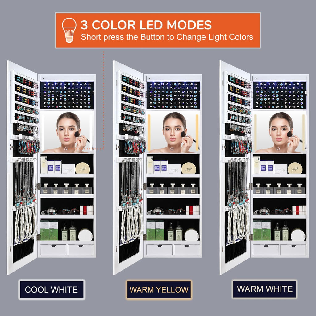 GISSAR Mirror Jewelry Cabinet, LED Wall Door Mount Full Length Jewelry Armoire with Makeup Mirror and Jewelry Storage, Large Capacity Lockable Jewelry Organizer, Vanity Mirror with Lights, White