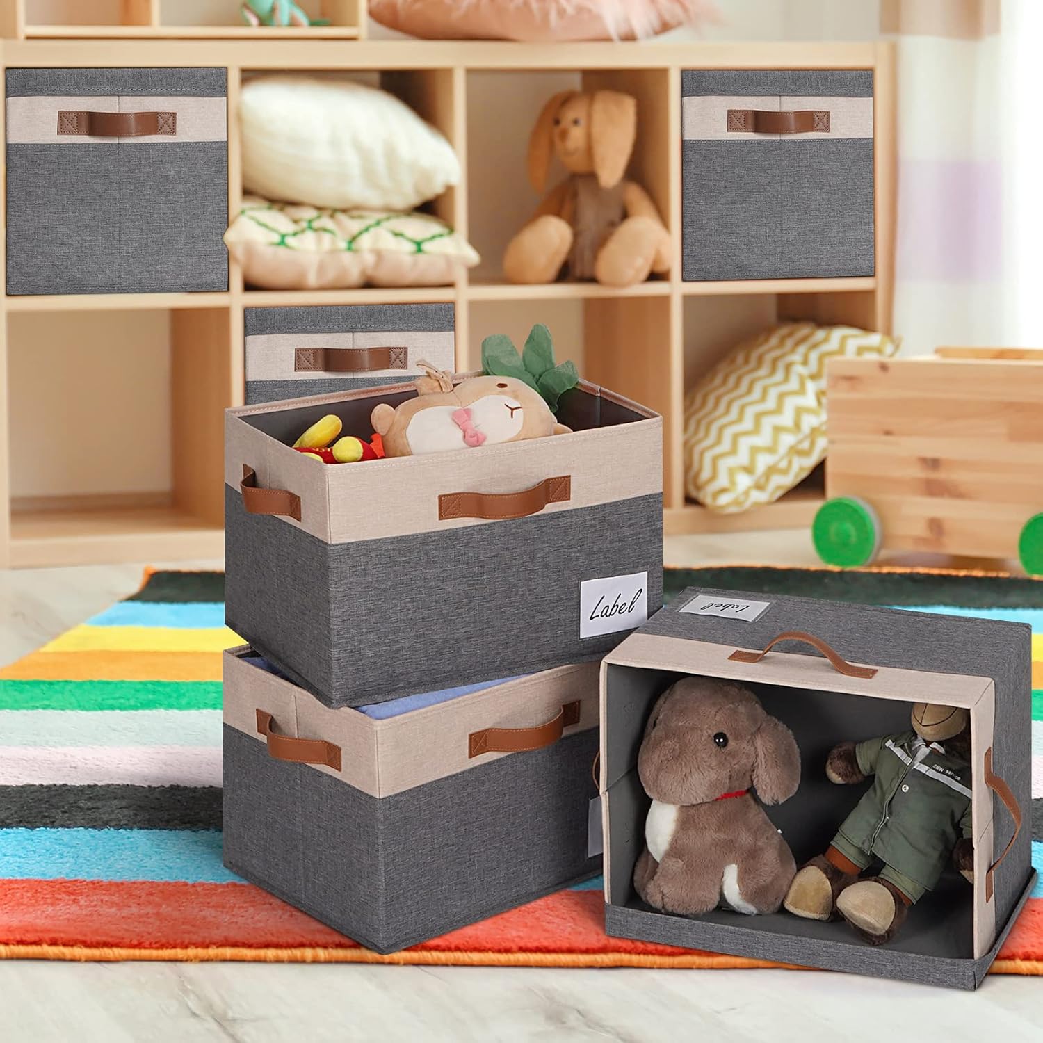 GhvyenntteS Large Storage Bins with Lids 6 Pack, Large Closet Storage Bin with Lid and 3 PU Handles, Foldable Fabric Storage Boxes with Label Window for Home Office (Beige, 15" x 11" x 9.7")