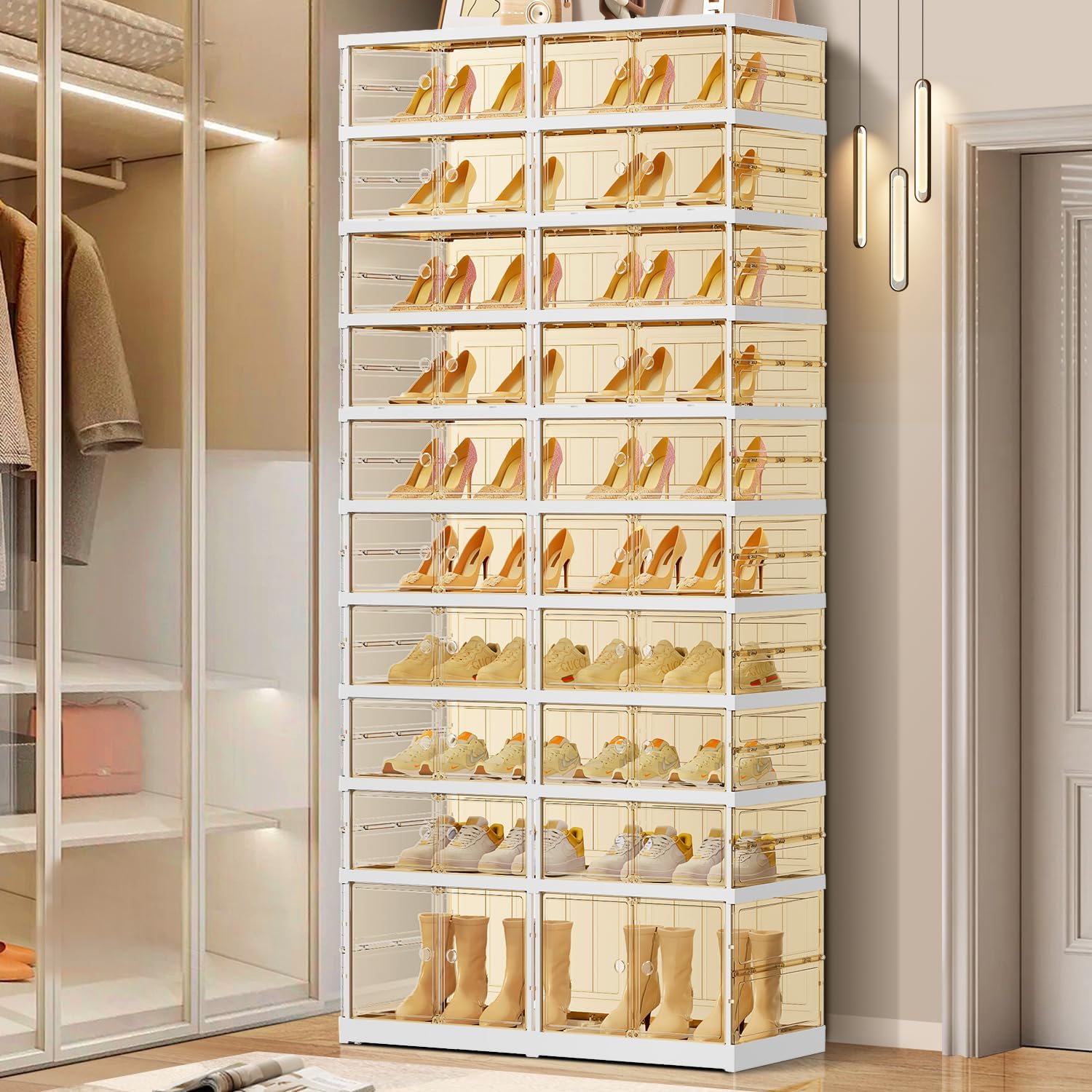 10 Tiers 20-40 Pairs Foldable Shoe Boxes Large Plastic Shoe Storage Rack Collapsible Shoe Organizer For Closet Tall Shoe Shelf Clear Stackable Shoes Cabinet with Doors Entryway