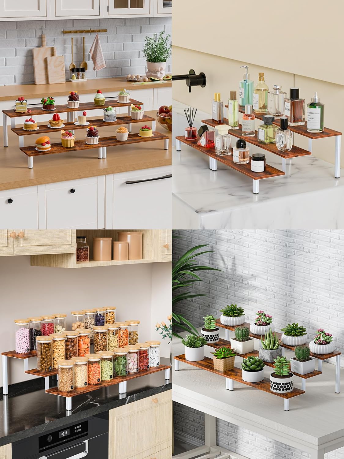 Wooden Display Stand Riser, 3 Tier Perfume Organizer Stand Cupcake Stand Holder, Tiered Display Stand Risers Display Shelf for Home and Shop (White, 4 pcs)