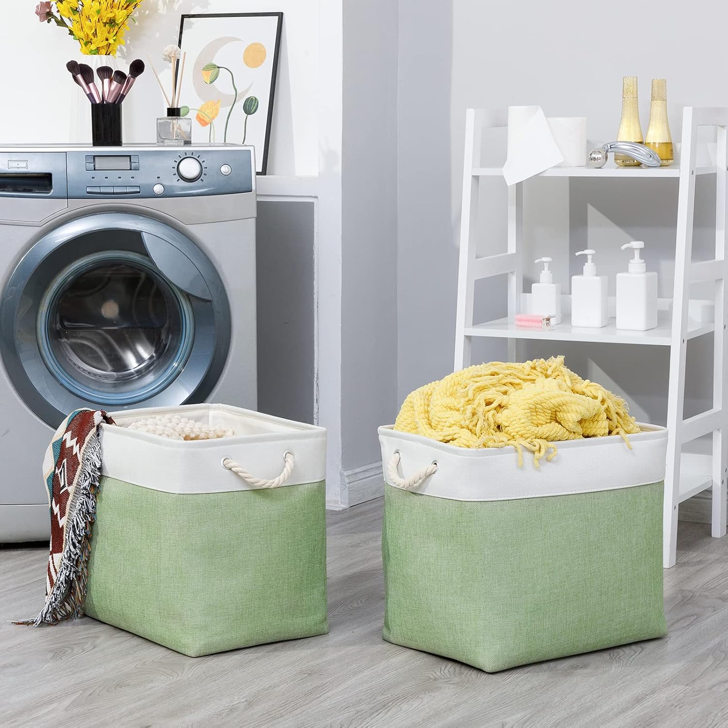 Bidtakay Large Storage Baskets for Nursery Toy Organizer Collapsible Organizing Baskets 17x12x15 In Green Canvas Bins for Organizing Set of 2 Clothes Decorative Baskets for Home Office Room Decor