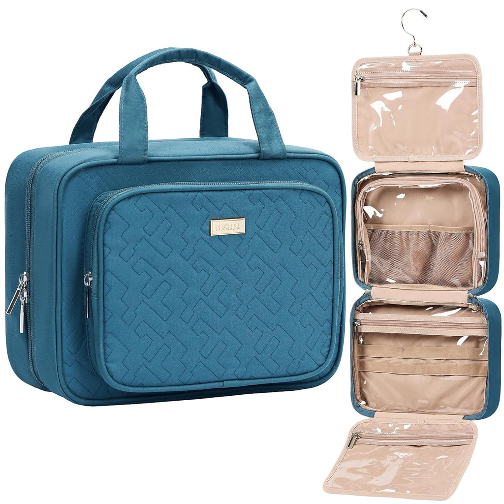 NISHEL Travel Toiletry Bag for Women, Makeup Essentials Organizer, Hanging Case for Accessories, Cosmetics, Medium Size, Lake-Blue