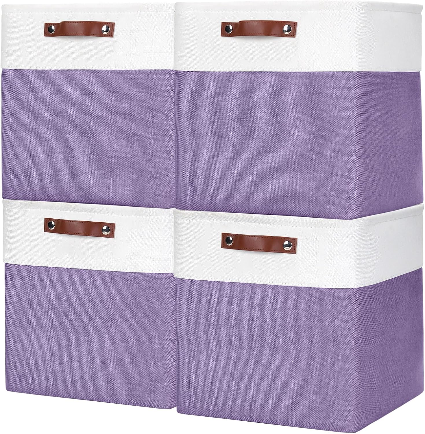 13x13 Cube Storage Bins, Collapsible Fabric Storage Box, 4 Pack Closet Baskets with Handles for Organizing, Shelf, Toys, Clothes, Home, Office, Nursery (Purple&White)