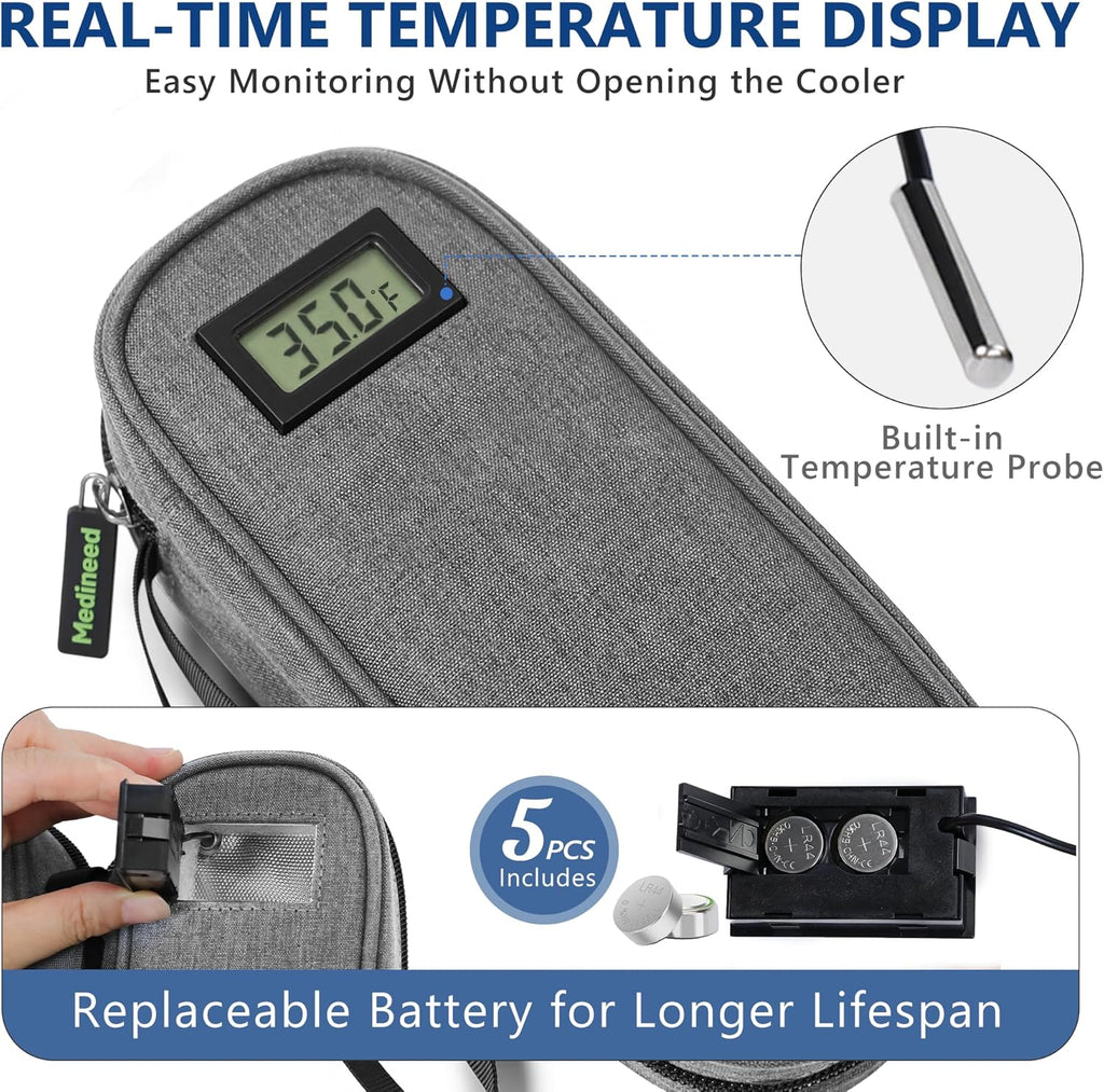 Insulin Cooler Travel Case TSA Approved with Temperature Display – Diabetic Medication Travel Case with 2 × 90g Ice Packs, Portable Medicine Organizer for 3–4 Insulin Pens and Diabetic Supplies(Grey)
