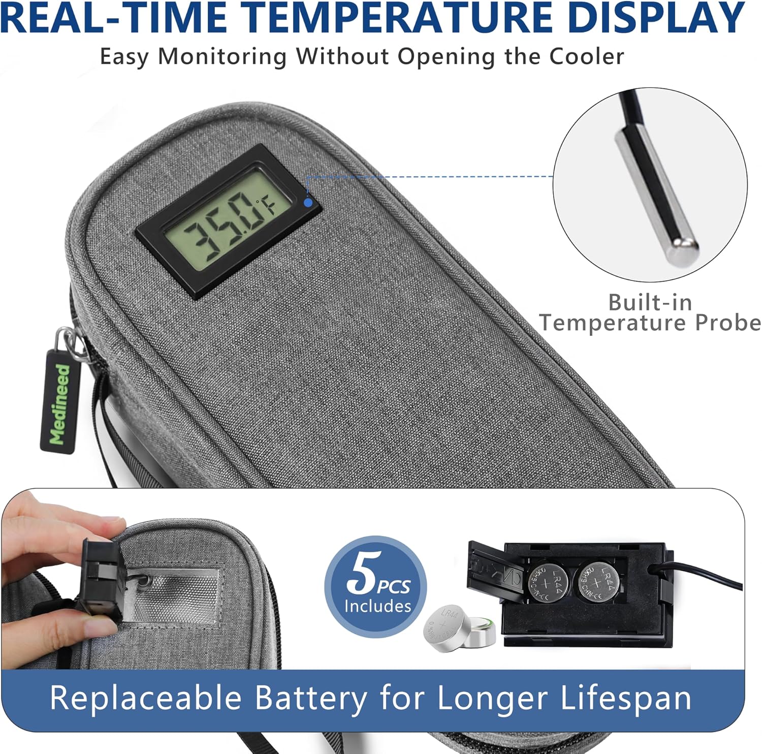 Insulin Cooler Travel Case TSA Approved with Temperature Display – Diabetic Medication Travel Case with 2 × 90g Ice Packs, Portable Medicine Organizer for 3–4 Insulin Pens and Diabetic Supplies(Grey)
