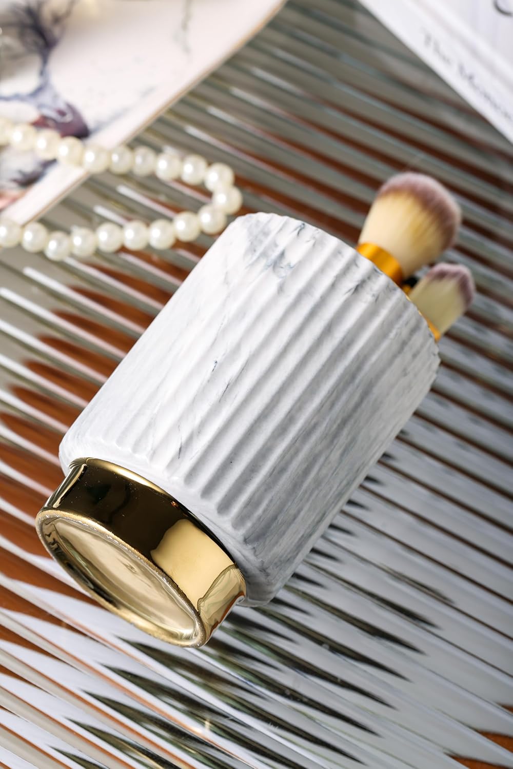 IEEK Makeup Brush Holder Organizer - Comb Brushes, Pens, Pencils, Glasses & Toothbrushes - European Style Striped Container, Grey and Gold