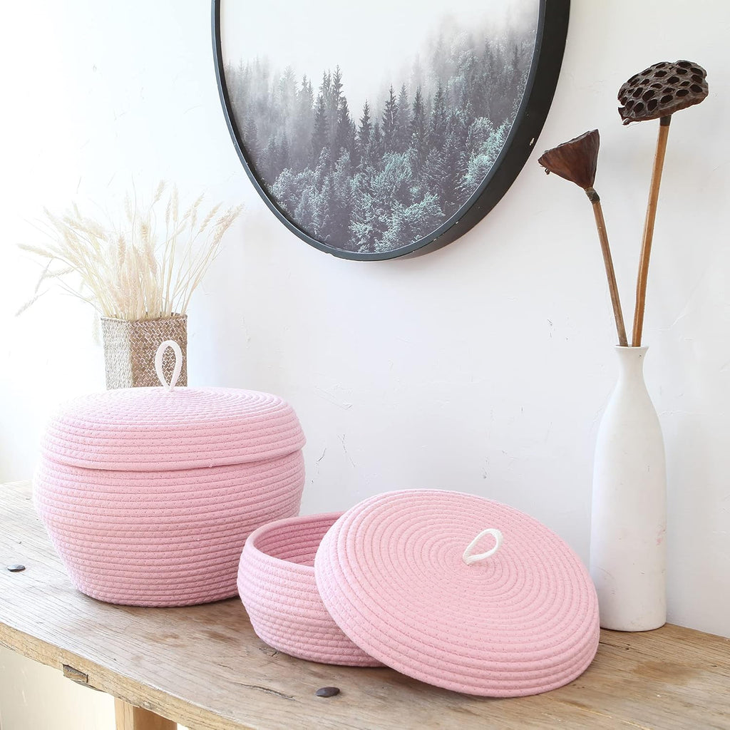 Sea Team Round Cotton Rope Storage Basket with Lid, Decorative Woven Storage Bin, Pot, Caddy, Organizer, Container for Snacks, Towels, Plants, 13 x 9 Inches (Large, Pink)