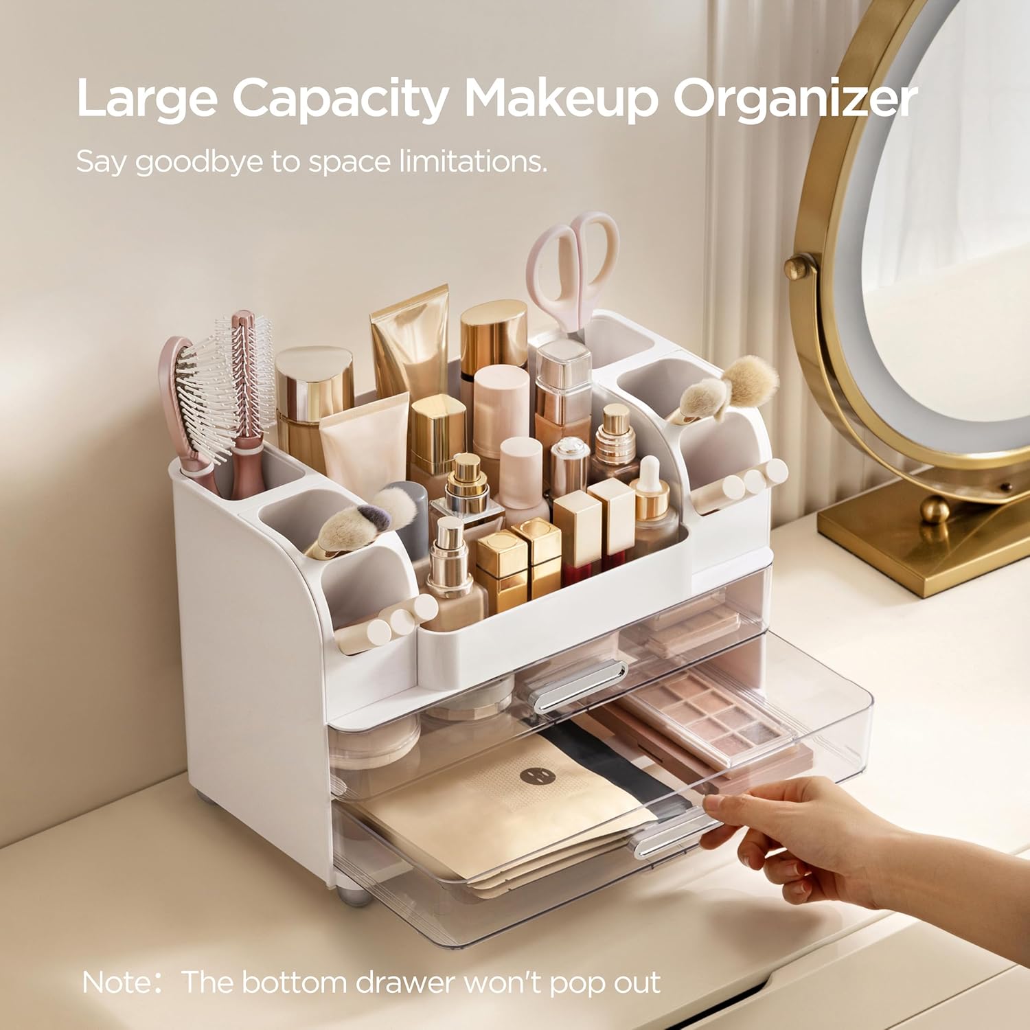 HBlife Makeup Organizer for Vanity with Brush Holder, Large Bathroom Countertop Cosmetic Organizer Skin Care Storage, Easy to Store Lipsticks, Nail Polishes, Perfumes, Eyeshadow Palettes, White