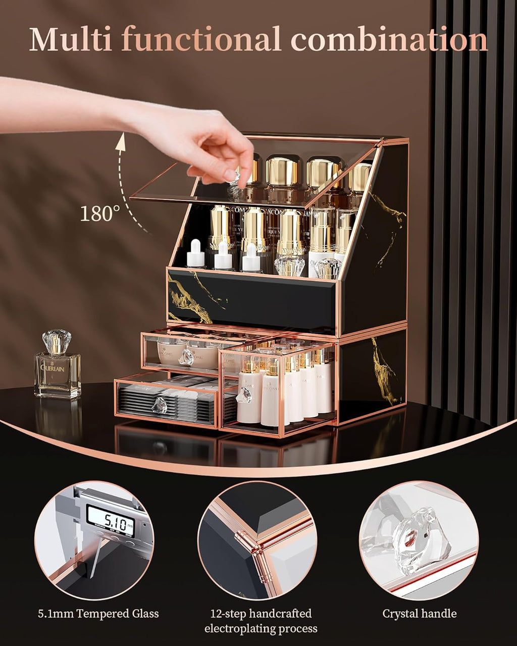 Makeup Organizer for Vanity, Black Makeup Organizer with Drawer, Skincare Holder for Bathroom Countertop,Cosmetic Display Case for Dresser