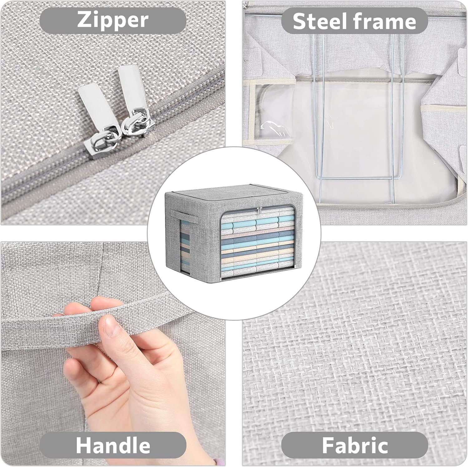 FHSQX 2 Pack Clothes Storage Bins Stackable Metal Frame Storage Box Foldable Linen Fabric Organizer with Carrying Handles and Clear Window (Light Gray, 15.7x 11.8x 7.8Inch)