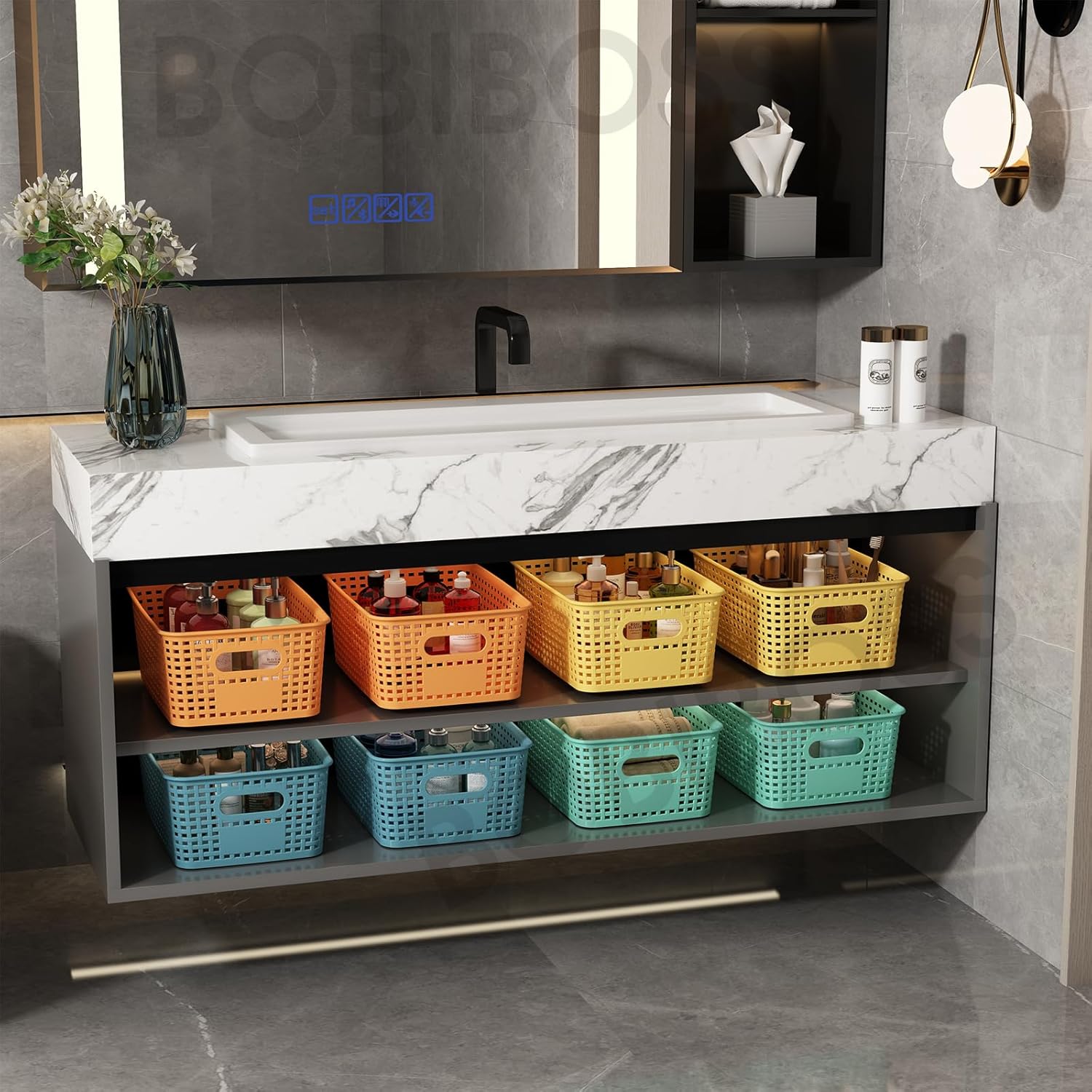 Colorful Plastic Storage Baskets with Lids 12 Pack Stackable Storage Bins Containers for Shelves Organizing, Colored Cute Decorative Storage Boxes for Classroom, Playroom, Closet, Pantry