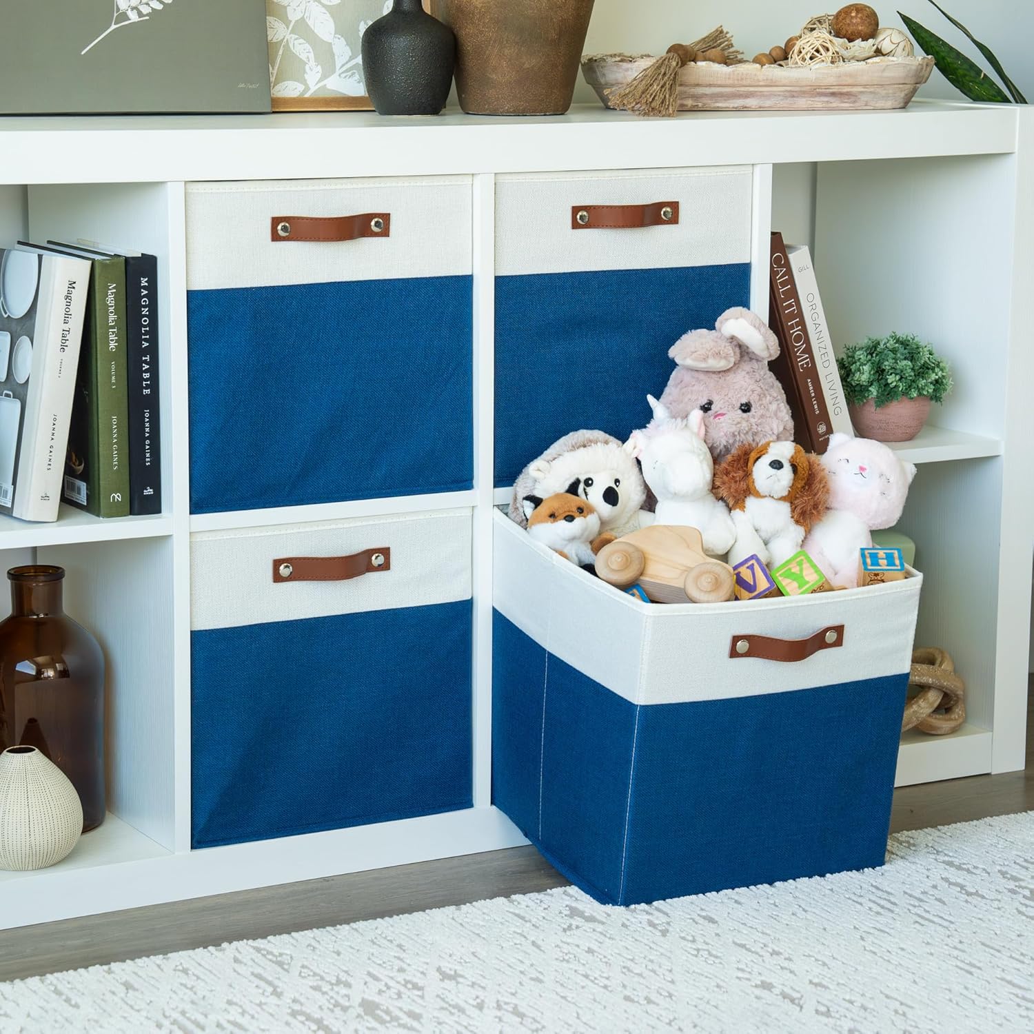 OrganiHaus 13" x 13" x 13" Cube Fabric Storage Bins Set of 4, Fabric Storage Cubes w/ Vegan Handles, 13 inch Collapsible Bins for Clothes & Toy Organizer, 13x13 Basket for Decor - Navy Blue