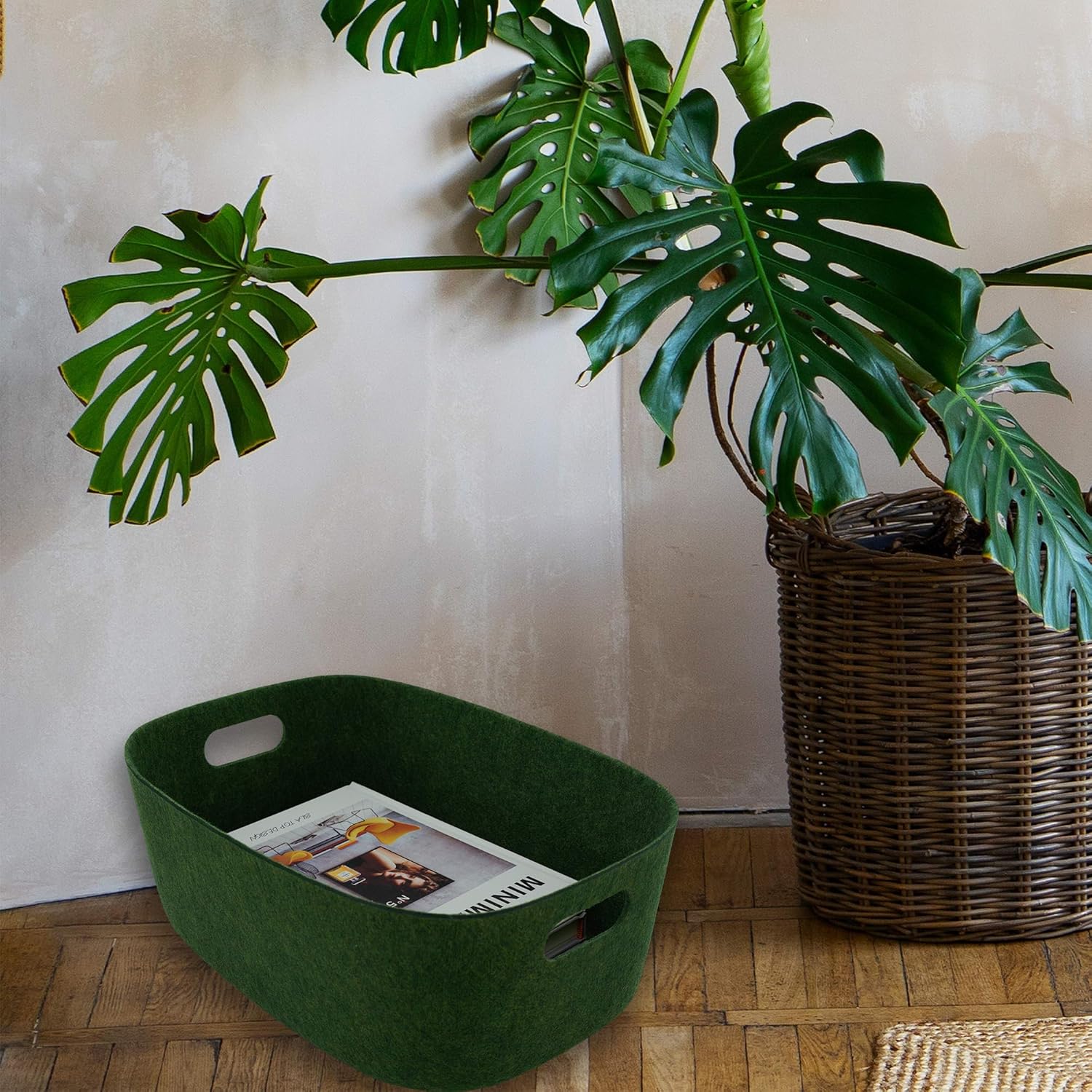 Welaxy Large Storage Basket Felt Open Desk Organize bin Shelf baskets with handles light weight carry for Magazines Books Junk Kids Toys Pet toy Clothes Laundry (Forest Green)