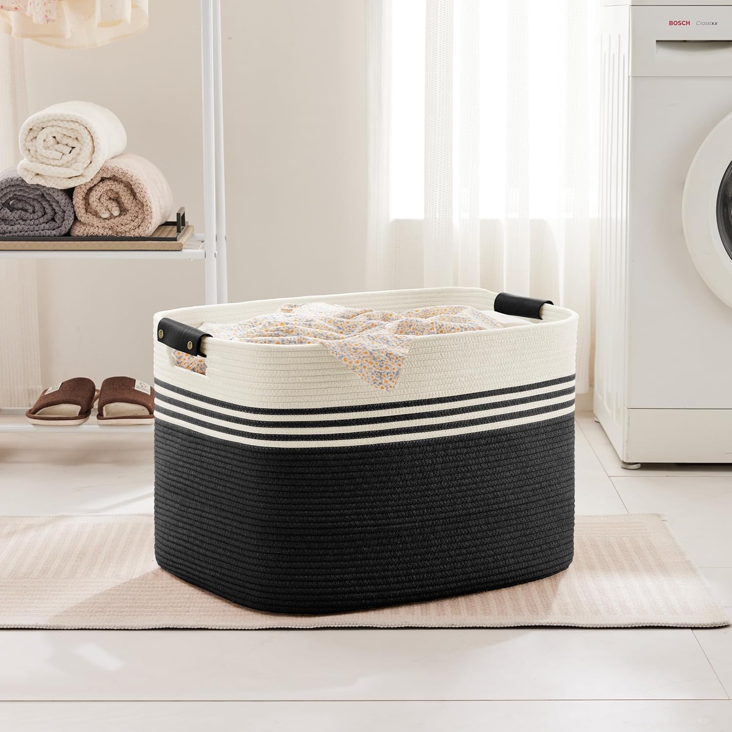 100L Extra Large Laundry Basket with Leather Handles for Living Room Storage, Woven Rope Baskets for Blanket, Kids Toy, Gifts, Wicker Hamper for Bedroom Dirty Clothes, 24"x16"x16" White Black