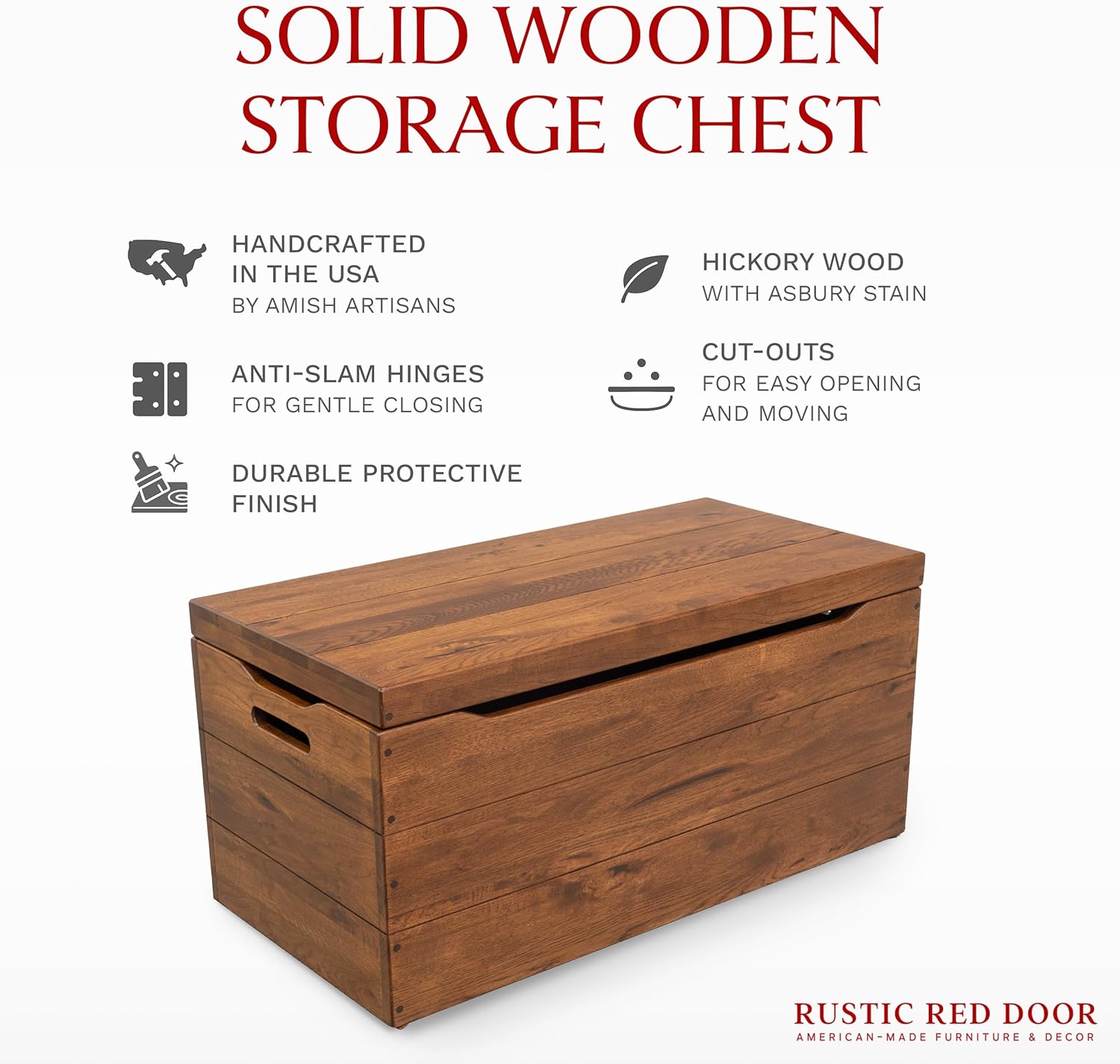 Amish Made Wooden Storage Chest Trunk Box with Lid and Handles for Bedroolanket, Clothes, Anti-Slam Hinges, Handmade, Rustic Hickory Wood, Asbury Stain, 42"