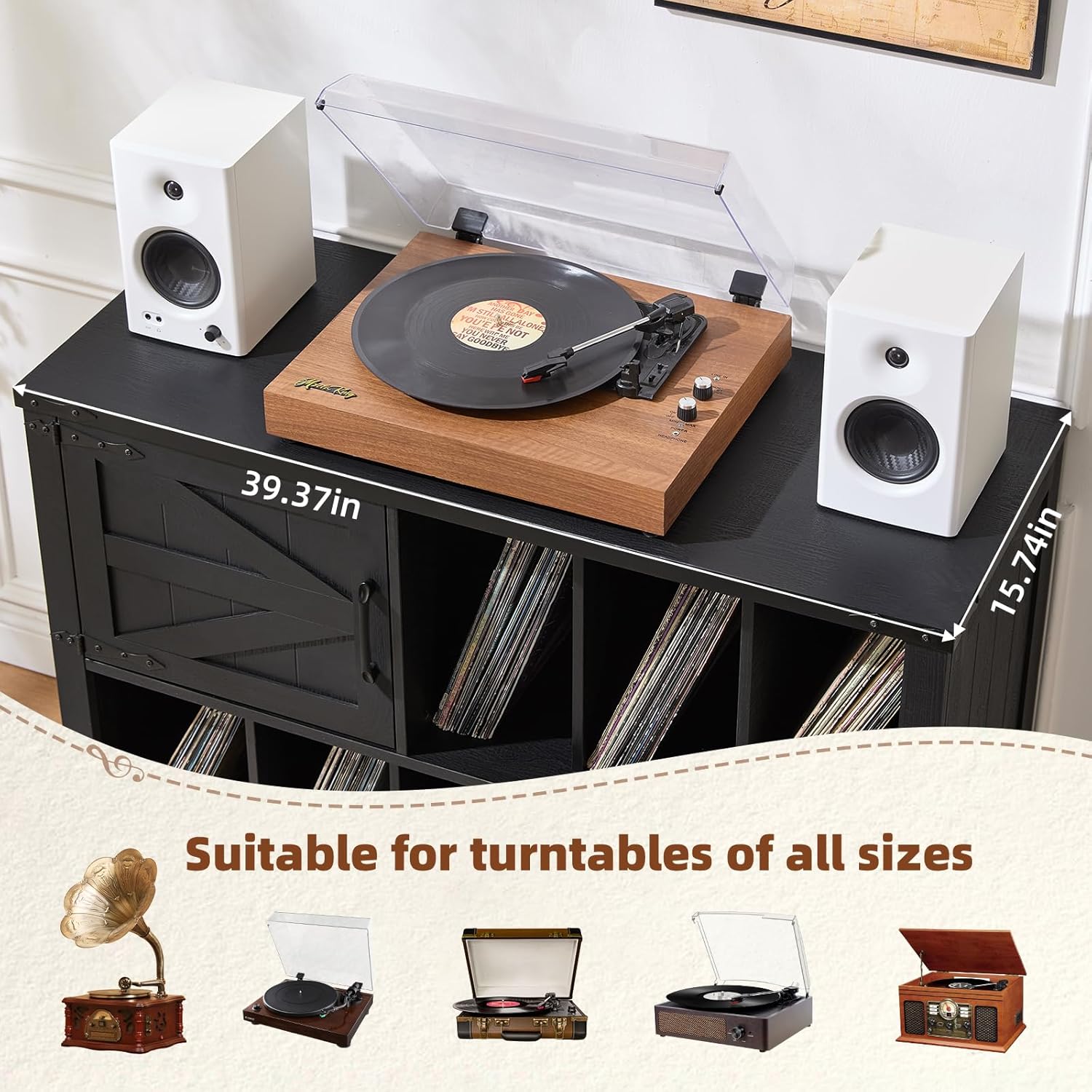 Large Record Player Stand with Vinyl Storage Up to 450 Albums, 39 Inch Farmhouse Wood Black Vinyl Records Storage Cabinet with Barn Doors, Mid-Century Modern Turntable Stand for Living Room