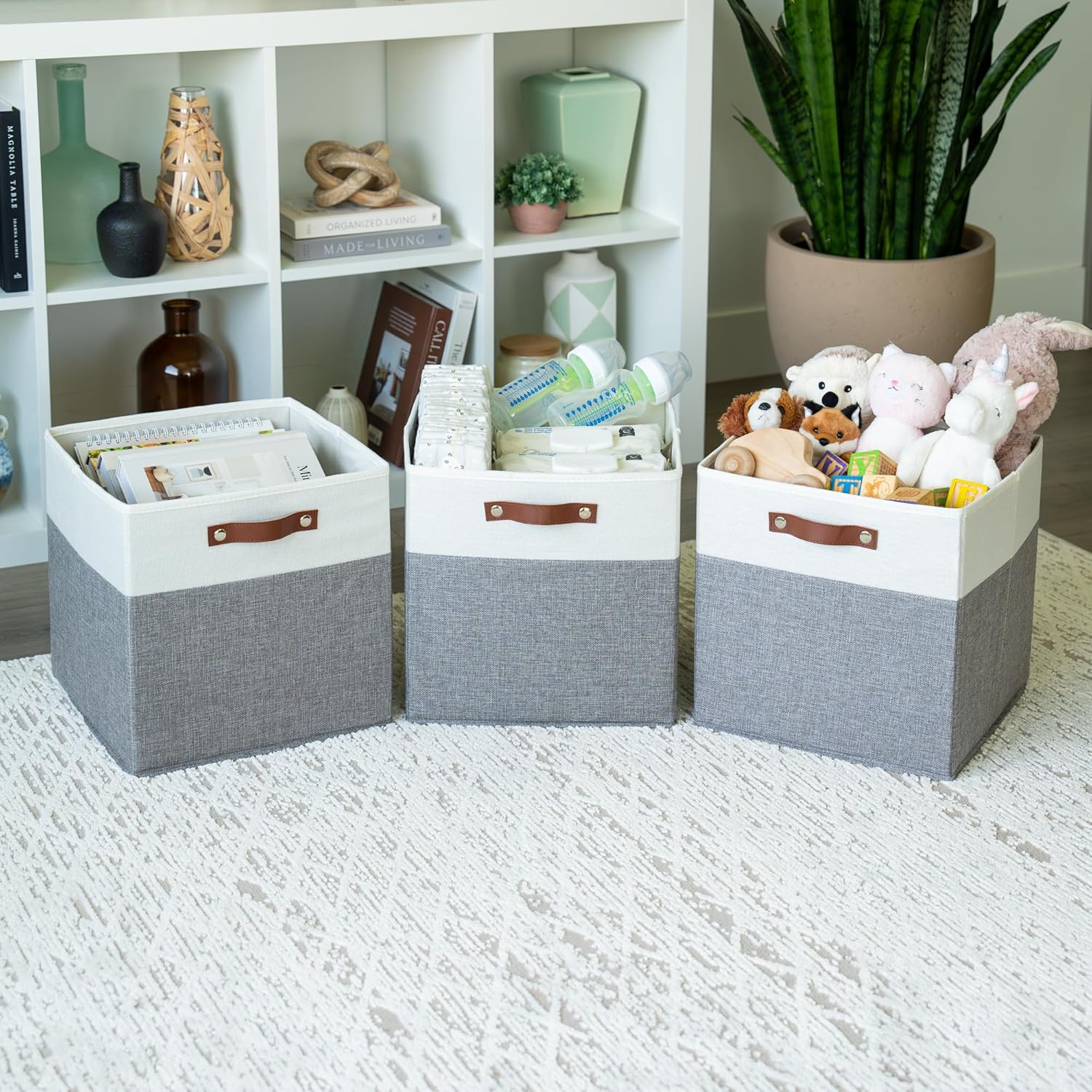 OrganiHaus 13" x 13" x 13" Cube Fabric Storage Bins Set of 4, Fabric Storage Cubes w/ Vegan Handles, 13 inch Collapsible Bins for Clothes & Toys Organizer, 13x13 Basket for Decor - Grey/White