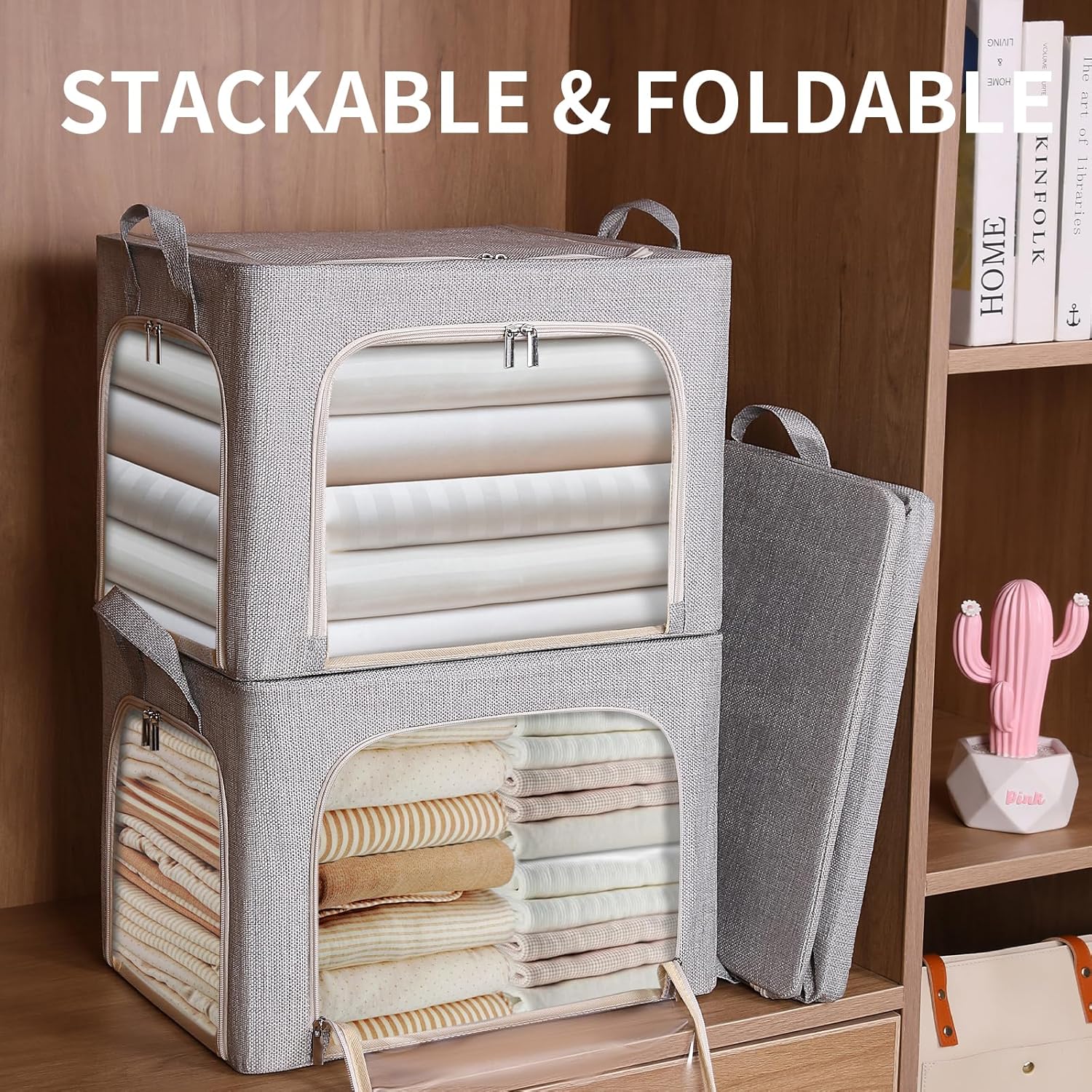 combocube 3-Side Zippered Openings Clothes Storage Bins with Thick Metal Frame, Stackable & Foldable Clothing Storage Bins with Lid, Linen Fabric Closet Storage Box with Large Clear Window, 3 Pack